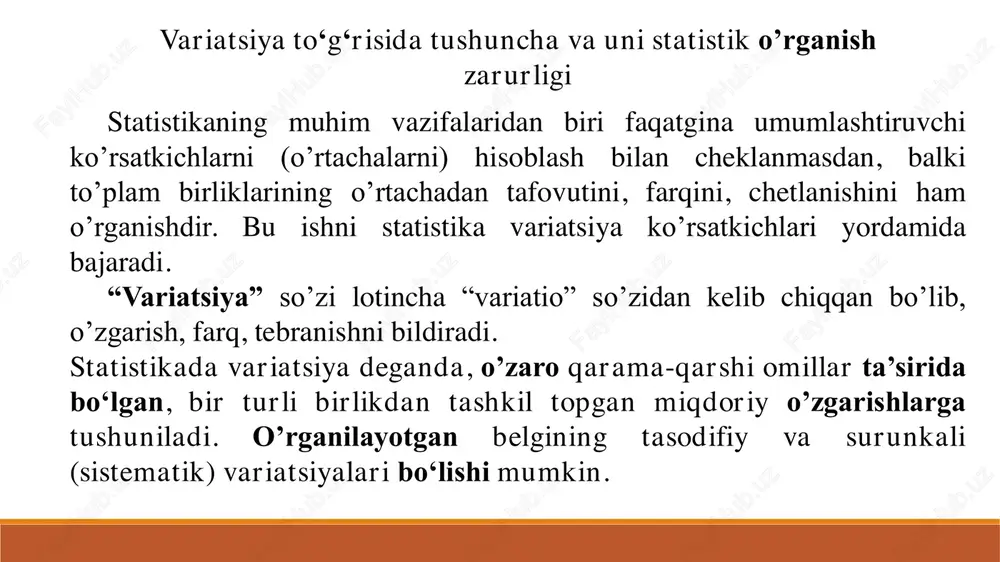 chaga ega, biz har bir ko’rsatkich va o’rtacha orasidagi masofa yo’nalishni, yoki chetlanishni hisobladik. 1-jadval ikki nazariy ma‟lumotlar qatori 1-to‟plam 2-to‟plam o‟lchovlar 1, 2, 3, 4, 5 2, 3, 3, 3, 4 o‟rtacha miqdor 𝒙 = 𝟏 + 𝟐 + 𝟑 + 𝟒 + 𝟓 𝟓 = 𝟏𝟓 𝟓 = 𝟑 𝒙 = 𝟐 + 𝟑 + 𝟑 + 𝟑 + 𝟒 𝟓 = 𝟏𝟓 𝟓 = 𝟑 x dan o‟lchovlar qiymatining chetlanishi (1-3), (2-3), (3-3), (4-3), (5-3) yoki -2, -1, 0, 1, 2 (2-3), (3-3), (3-3), (3-3), (4-3) yoki -1, 0, 0 ,0, 1 a. 1-to’plam b. 2-to’plam 1-rasm. 1-jadvaldagi chetlanishlar uchun nuqtali diagramma n xx d   o‗rtacha chiziqli chetlanish variantalar bilan o‘rtacha farqining variantalar soniga nisbatidir. oddiy qatorlar uchun u quyidagi formula bilan hisoblanadi: tortilgan qatorlar uchun u quyidagi formula bilan hisoblanadi: f fxx d    o„rtacha chiziqli chetlanish iqtisodiyotda maosh, daromad yoki boshqa …