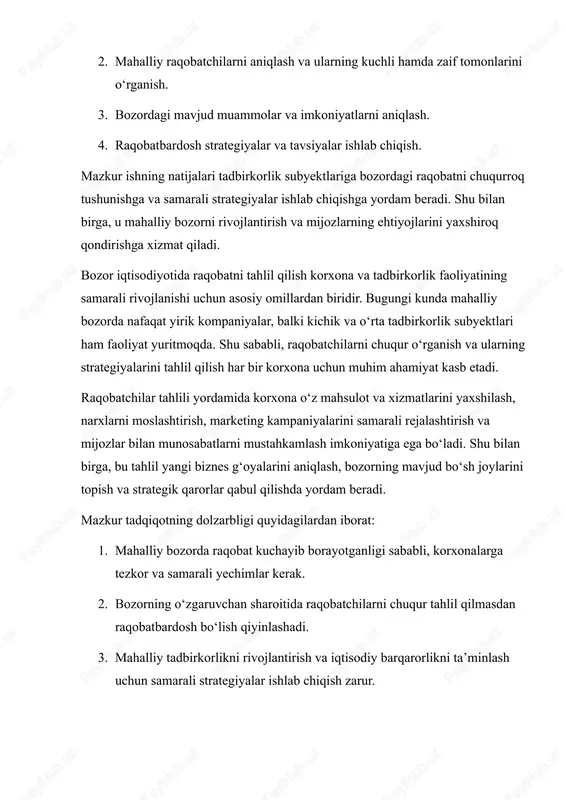 orlar qabul qilishda yordam berishga va mijozlarning ehtiyojlarini samarali qondirishga xizmat qiladi. bozor muhitining dinamikasi va global iqtisodiy o‘zgarishlar mahalliy tadbirkorlikni yanada raqobatbardosh bo‘lishga majbur qilmoqda. raqobatchilar tahlili nafaqat kompaniyaning o‘z imkoniyatlarini aniqlashga, balki bozordagi yangi tendensiyalarni, iste’molchilarning o‘zgarib borayotgan ehtiyojlarini va innovatsion yechimlarni o‘z vaqtida joriy qilishga yordam beradi. shuningdek, raqobatchilarni o‘rganish korxona ichki jarayonlarini optimallashtirish imkonini beradi: ishlab chiqarish samaradorligini oshirish, marketing va reklama xarajatlarini to‘g‘ri yo‘naltirish, xodimlarni malakasini oshirish kabi strategik qarorlar qabul qilish mumkin bo‘ladi. mahalliy bozorda samarali raqobat strategiyasi ishlab chiqish orqali korxona nafaqat o‘z o‘rnini mustahkamlashi, balki yangi mijozlar segmentlarini jalb qilishi va bozor ulushini kengaytirishi mumkin. ushbu tadqiqotda shuningdek, mahalliy bozorda raqobatning ijtimoiy-iqtisodiy ahamiyati ham ko‘rib chiqiladi. masalan, samarali raqobat iste’molchilarga sifatli mahsulot va xizmatlar taqdim etishni rag‘batlantiradi, narxlarni barqarorlashtiradi va yangi ish o‘rinlarini yaratadi. shu nuqtai nazardan, raqobatchilar tahlili nafaqat biznes strategiyasining bir qismi, balki mahalliy iqtisodiyotning rivojlanishiga hissa qo‘shadigan muhim vosita …