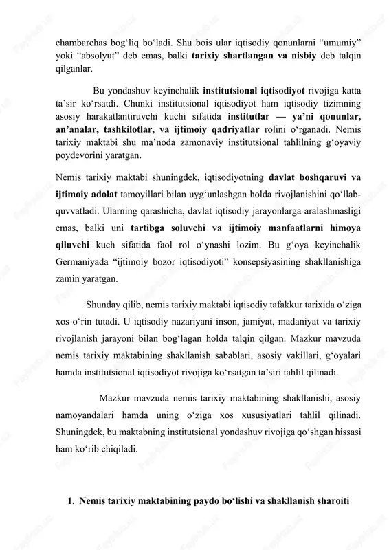 alishdir. bu maktab iqtisodiy jarayonlarni tarixiy, ijtimoiy va madaniy sharoitlarda o‘rganish zarurligini ta’kidlagan. 1. paydo bo‘lish davri: nemis tarixiy maktabi 1840–1860-yillar oralig‘ida germaniyada shakllandi. bu davrda germaniya siyosiy jihatdan bo‘linib ketgan, iqtisodiy jihatdan esa birlashish jarayonini boshdan kechirayotgan edi. 2. shakllanishiga sabab bo‘lgan omillar: 1. klassik iqtisodiy nazariyaga qarshi tanqid: ingliz klassik iqtisodchilari (a. smit, d. rikardo) iqtisodiy qonunlarni umumiy va abadiy deb qaragan bo‘lsa, nemis olimlari bu yondashuvni tor deb hisoblab, iqtisodiy qonunlar vaqt va joyga qarab o‘zgaradi deb ta’kidladilar. 2. germaniyaning iqtisodiy va siyosiy holati: o‘sha paytda germaniya birlashmagan, ko‘plab knyazlik va qirolliklarga bo‘lingan edi. bu sharoitda iqtisodiy taraqqiyot uchun tarixiy tajriba va milliy o‘ziga xoslikni hisobga olish zarur edi. 3. tarixiy fanlarning rivoji: xix asrda tarix, etnografiya va sotsiologiya fanlarining rivojlanishi iqtisodiyotni ham tarixiy jarayon sifatida ko‘rishga turtki berdi. 4. milliy iqtisodiy siyosat zarurati: germaniyada milliy sanoatni rivojlantirish, ichki bozorni shakllantirish, iqtisodiy mustaqillikka erishish muhim vazifa edi. …