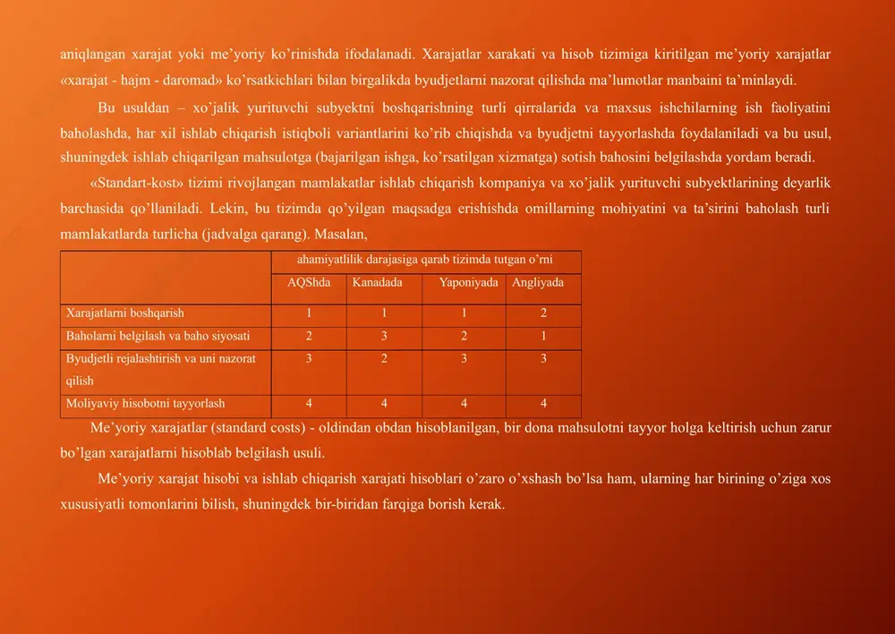 ni bilish, shuningdek bir-biridan farqiga borish kerak. me’yoriy xarajatlar va byudjet xarajatlari orasida kontseptual farq yo’q. nazariy jihatdan olib qaraganda ular bir xil aniqlanadi. lekin, amaliyotda «me’yoriy xarajatlar» atamasi, odatda tugallangan maxsulot biriligiga tegishli, «byudjet xarajati» esa umumiy miqdorga bog’liq bo’ladi. «standart-kost» tizimidan foydalanishning asosiy yutug’i iqtisodiy hisobotni o’z vaqtida va tahliliy jihatdan qulay tarzda yozib borishdir. boshlanishda me’yorlardan foydalanish hisobotni olib borish uchun haqiqiy chiqimlarni hisoblash tizimiga ko’ra katta xarajat kerak bo’ladiganga o’xshaydi. lekin, me’yoriy xarajatlarni qo’llash hisobga olishni soddalashtiradi. masalan, materiallar (turli narxli partiyalar) haqidagi bir oydagi ma’lumotlarni qo’shib yig’ish mumkin, shuningdek har bir ishchi tomonidan aniq bir mahsulotni ishlab chiqarish uchun sarflanishi lozim bo’lgan vaqt miqdorini belgilash va umuman barcha to’g’ri mehnat xarajatlari me’yorini avvaldan aniqlash mumkin. «standart-kost» tizimidan foydalanilganda individual me’yorlarni o’rnatish (tuzish)dagina qo’shimcha xarajatlar paydo bo’ladi, lekin bunday qo’shimcha xarajatlar miqdori juda kam bo’ladi. ko’pchilik me’yorlar oylar bo’yicha va xatto yillar davomida o’zgarishsiz qo’llaniladi. uni …