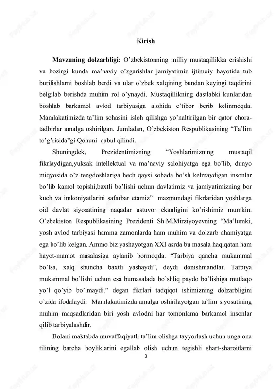 millashtirish, tovush va so‘zlarni to‘g‘ri talaffuz etishga, ravon gapirishga, mustaqil hikoya qilishga e’tibor beriladi. og‘zaki nutqini o‘stirishda mustaqil hikoya qilishga o‘rgatish katta o‘rin egallaydi: bolalalarni o‘z hayotlarida uchragan voqealar, suratlarga qarab, tarbiyachining taklif qilgan mavzusi asosida hikoyalar tuzishga o‘rgatiladi. tayyorlov guruh bolalarining hikoyalari mazmunan bog‘langan, ma’lum izchillikda, grammatik tomondan to‘g‘ri tuzilgan bo‘lishi kerak. bunda bolalarni sam olishini tshkil etish ham muhim hisoblanadi. ularning ta’limda zo’riqishini, darslardan bezishini va hali maktab ta’limiga psixologik-pedagogik hamda jismoniy to’liq tayyor emasligini unutmagan holda boshlang’ich sinflarni savodga o’rgatish darslarida bolalarni dam olish daqiqalarini tashkil etish tadqiqotimizning dolzarbligini ko’rsatib beradi. kurs ishining maqsadi: davlat va nodavlat maktabgacha ta'lim tashkiloti to'g'risidagi nizomning ahamiyatini amaliy o’rganish kurs ishining vazifasi: “maktabgacha ta’lim to‘g‘risidagi nizom”ga muvofiq davlatga qarashli maktabgacha ta’limni tashkil etish va boshqarish. kurs ishining obyekti: maktabgacha ta’lim tashkilotini boshqarish usullari va boshqaruvchining ilmiy saviyasi. kurs ishining predmeti: davlat va nodavlat maktabgacha ta'lim tashkiloti to'g'risidagi nizomning ahamiyatini amaliy o’rganish …