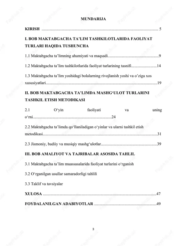 ha ta’lim tashkilotlarida olib boriladigan mashg‘ulot va faoliyat turlari. kurs ishining maqsadi: maktabgacha ta’lim tashkilotlarida mashg‘ulot turlarini o‘rganish, ularning bolalar rivojlanishiga ta’sirini tahlil qilish hamda ta’lim jarayonini yanada samarali tashkil etish bo‘yicha ilmiy-amaliy tavsiyalar ishlab chiqish. kurs ishining predmeti: maktabgacha ta’lim tashkilotlarida amalga oshirilayotgan o‘yin, ta’limiy, jismoniy, badiiy va musiqiy faoliyat turlarining mazmuni, uslubiyati va ta’lim jarayoniga ta’siri. kurs ishining vazifalari: · maktabgacha ta’limning ahamiyati va asosiy maqsadlarini yoritish; · faoliyat turlarini tasniflash va ularning mazmun-mohiyatini o‘rganish; · mashg‘ulotlarning bolalar rivojlanishiga ta’sirini tahlil qilish; · o‘yin faoliyatining ta’limiy ahamiyatini ochib berish; · jismoniy, badiiy va musiqiy mashg‘ulotlarning bolaning har tomonlama rivojlanishiga ta’sirini o‘rganish; · amaliyot va tadqiqot natijalari asosida samarali usullarni tavsiya etish. kurs ishining ilmiy-tadqiqot metodlari: · nazariy tahlil – mavzu bo‘yicha mavjud ilmiy adabiyotlarni o‘rganish; · eksperiment usuli – faoliyat turlarining samaradorligini amaliyotda sinab ko‘rish; · taqqoslash va tahlil qilish – turli ta’lim metodlarini solishtirish va natijalarini o‘rganish; …