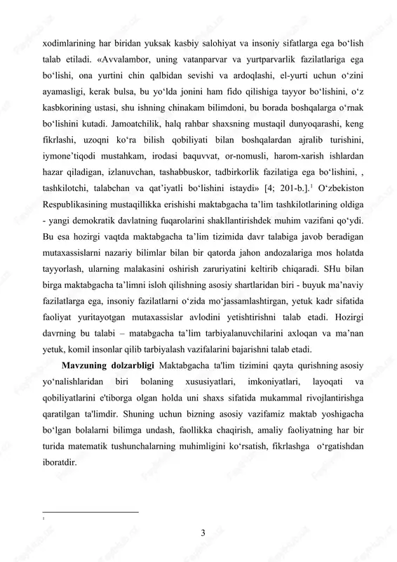 esa hozirgi vaqtda maktabgacha ta’lim tizimida davr talabiga javob beradigan mutaxassislarni nazariy bilimlar bilan bir qatorda jahon andozalariga mos holatda tayyorlash, ularning malakasini oshirish zaruriyatini keltirib chiqaradi. shu bilan birga maktabgacha ta’limni isloh qilishning asosiy shartlaridan biri - buyuk ma’naviy fazilatlarga ega, insoniy fazilatlarni o‘zida mo‘jassamlashtirgan, yetuk kadr sifatida faoliyat yuritayotgan mutaxassislar avlodini yetishtirishni talab etadi. hozirgi davrning bu talabi – matabgacha ta’lim tarbiyalanuvchilarini axloqan va ma’nan yetuk, komil insonlar qilib tarbiyalash vazifalarini bajarishni talab etadi. [1: ] mavzuning dolzarbligi maktabgacha ta'lim tizimini qayta qurishning asosiy yo‘nalishlaridan biri bolaning xususiyatlari, imkoniyatlari, layoqati va qobiliyatlarini e'tiborga olgan holda uni shaxs sifatida mukammal rivojlantirishga qaratilgan ta'limdir. shuning uchun bizning asosiy vazifamiz maktab yoshigacha bo‘lgan bolalarni bilimga undash, faollikka chaqirish, amaliy faoliyatning har bir turida matematik tushunchalarning muhimligini ko‘rsatish, fikrlashga o‘rgatishdan iboratdir. kurs ishining maqsadi: maktabgacha ta'lim tashkilotlarida rahbarning oʻzi ish faolyatiga ma'sulyatli yondashishi, faol ish tajribalarini tashkil etishi va pedagog ishchi hodimlarni …