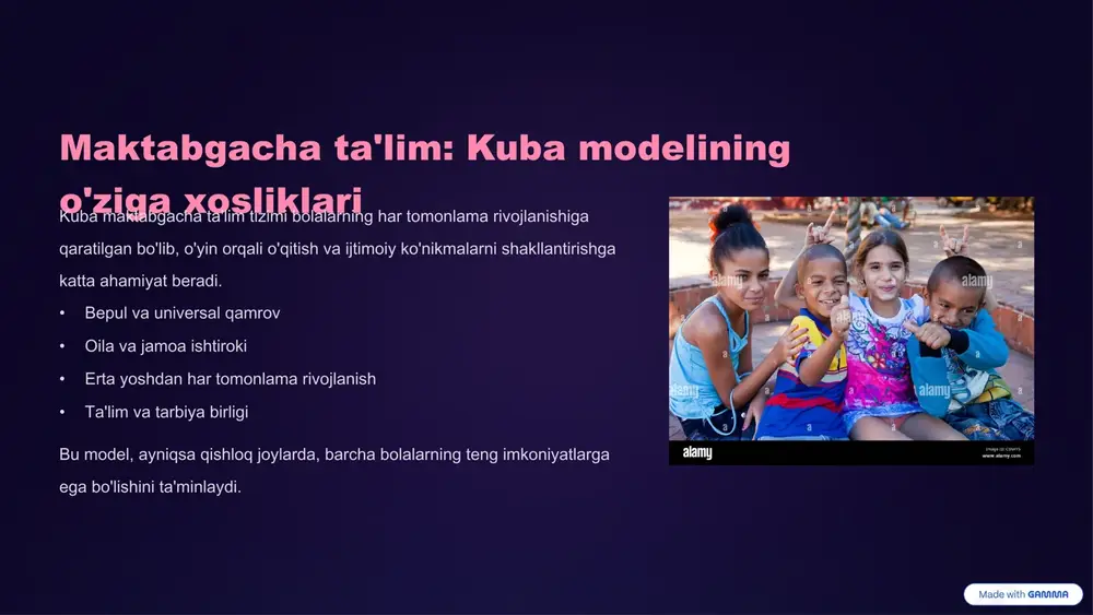 rol o‘ynaydi. https://gamma.app/?utm_source=made-with-gamma kuba ta'lim tizimidagi zamonaviy qiyinchiliklar va yechimlar iqtisodiy cheklovlar moliyaviy resurslarning cheklanganligi, texnologik infratuzilmani yangilashga to'sqinlik qiladi. o'qituvchilar emigratsiyasimaoshlarning pastligi malakali o'qituvchilarning boshqa mamlakatlarga ketishiga sabab bo'lmoqda. texnologik taraqqiyotga moslashishraqamli ko'nikmalar va zamonaviy o'qitish usullarini joriy etish zarurati. yechimlar xalqaro hamkorlikni kengaytirish, ichki resurslarni samarali taqsimlash, o'qituvchilarning ijtimoiy himoyasini kuchaytirish va texnologik innovatsiyalarni qo'llab-quvvatlash. https://gamma.app/?utm_source=made-with-gamma kuba ta'limining o'zbekiston uchun saboqlari va imkoniyatlari ta'limga tenglik barcha fuqarolar uchun sifatli ta'lim imkoniyatlarini ta'minlashda kuba tajribasi muhim. jamoa ishtiroki ota-onalar va jamoatchilikni ta'lim jarayoniga faol jalb qilish modellari. tibbiyot ta'limi kuba tibbiyot maktablarining yuqori sifatli tayyorlash tizimi bo'yicha hamkorlik. har tomonlama rivojlanishfaol fuqarolik pozitsiyasini shakllantirishga qaratilgan o'quv dasturlari. https://gamma.app/?utm_source=made-with-gamma xulosa va keyingi qadamlar kuba ta'lim tizimi cheklangan resurslarga qaramay, universal va sifatli ta'limga erishish mumkinligini isbotladi. keyingi qadamlar: • kuba tajribasini chuqurroq o'rganish va uning dolzarb jihatlarini o'zbekiston sharoitlariga moslashtirish. • ta'lim sohasida ikki tomonlama almashinuv dasturlarini yo'lga qo'yish.• o'qituvchilar …