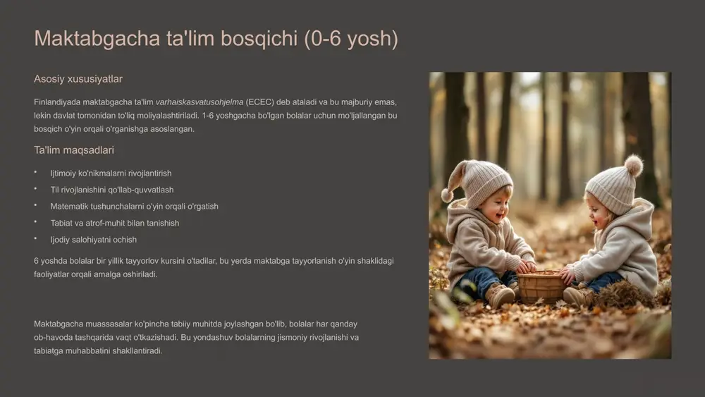 ig'ida o'quvchilar peruskoulu deb ataladigan asosiy ta'limni tugalladilar. bu bosqichda har bir o'quvchi o'zining individual ta'lim rejasiga ega bo'lib, qiyinchilikka duch kelgan o'quvchilarga maxsus yordam ko'rsatiladi. muvaffaqiyatli o'quvchilar esa qo'shimcha challenge olish imkoniyatiga ega. https://gamma.app/?utm_source=made-with-gamma yuqori o'rta ta'lim bosqichi (16-18 yosh) lukio (akademik yo'nalish) universitetga tayyorlanayotgan o'quvchilar uchun mo'ljallangan. 3 yil davom etadi va keng fanlar spektrini qamrab oladi. graduation uchun milliy imtihon ylioppilastutkinto topshiriladi. ammattikoulu (kasbiy yo'nalish) amaliy kasblarni egallash uchun mo'ljallangan. 180 ta turli mutaxassislik yo'nalishlari mavjud. nazariy bilim bilan birga keng amaliy tajriba beriladi. lukio dasturi xususiyatlari • modular tizim - o'quvchilar kurs kombinatsiyalarini tanlay oladilar • individual rivojlanish rejasi • chuqur fanlararo o'rganish • tanqidiy fikrlashga yo'naltirilgan • tadqiqot loyihalari kasbiy ta'lim afzalliklari • ish beruvchilar bilan yaqin hamkorlik • zamonaviy uskunalar va texnologiyalar • ish joyida amaliyot • yuqori martaba ko'tarilish imkoniyati • universitetga o'tish yo'llari mavjud https://gamma.app/?utm_source=made-with-gamma oliy ta'lim tizimi va universitetlar tadqiqot universitetlari …