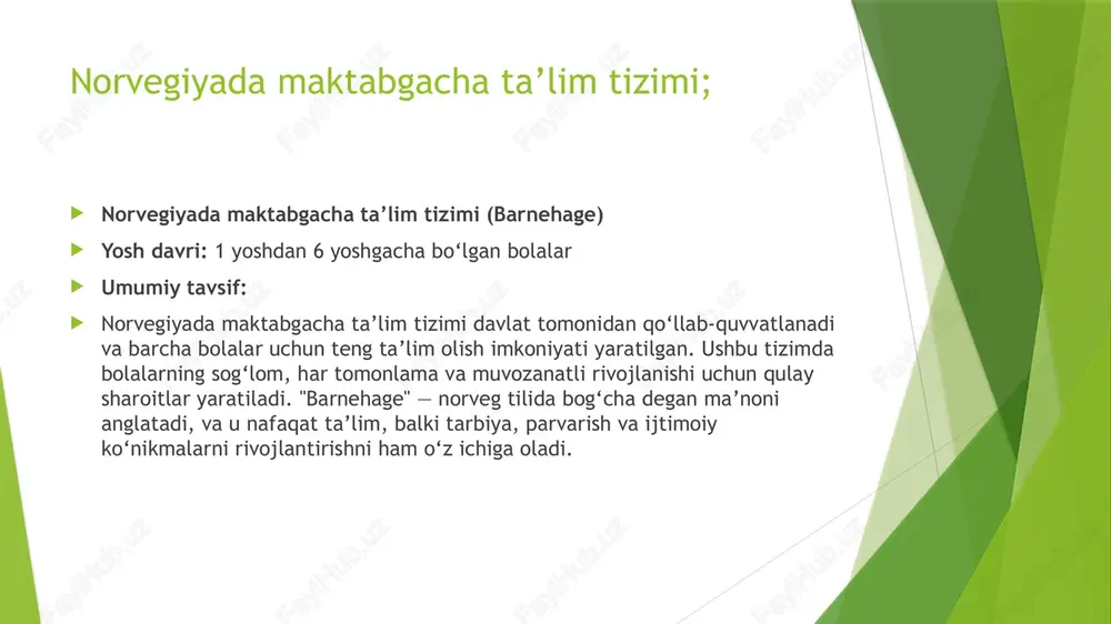  universitetlar – ilmiy-tadqiqot yo‘nalishlari kuchli, barcha darajalarni beradi.  universitet kollejlari – ko‘proq bakalavr va ayrim magistr dasturlari.  ixtisoslashgan maktablar – san’at, musiqiy akademiyalar, sog‘liqni saqlash, pedagogika kabi sohalarga yo‘naltirilgan.  moliyalashtirish va to‘lovlar  davlat oliy o‘quv yurtlarida o‘qish bepul, talabalar faqat kichik “semester fee” (talabalar ittifoqi badali, taxminan 50–80 yevro) to‘laydi.  xususiy universitetlarda ham to‘lovlar ko‘pincha nisbatan past.  kirish shartlari  asosiy hujjat: o‘rta maktab diplomi (videregående skole).  chet ellik talabalar uchun ielts/toefl kabi ingliz tili sertifikatlari talab qilinadi (ingliz tilidagi dasturlar uchun).  xususiyatlari  norvegiya hukumati xalqaro talabalarni ham bepul o‘qitadi – bu eng muhim farqlardan biri.  ta’limda mustaqil fikrlash, ilmiy izlanish va amaliyotga katta e’tibor qaratiladi.  talabalar uchun keng stipendiya va grant dasturlari mavjud (masalan, lånekassen kredit va grant tizimi).  doktorantura (phd)  3 yil davom etadi, ba’zan 4 yil (agar o‘qituvchilik yoki boshqa ilmiy yordam ishlari …