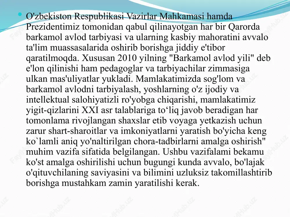 bir bo'lajak o'qituvchi o'zining shaxsiy pedagogik mahoratini shakilantiradi.  5. o'quv-tarbiyaviy jarayonni jahon andozalariga xos so`nggi zamonaviy metod va shakllar asosida tashkil etish va boshqarishni amalga oshirishning nazariy va amaliy asoslarini muntazam o`zlashtiradilar.  6. o'qituvchilar o`z kasbiy mahoratlarini takomillashtirishlari uchun shaxsiy-ijodiy malaka oshirishning shakl, usul va vositalarini egallaydilar.  7. tarbiyachi mahoratining mohiyati, funksiyasi, tuzilishi to`g`risida o'qituvchilar uzluksiz ma'lumotlarni o'rganib boradilar.  8. yuksak zamonaviy axborot texnologiyalari va portal tizimidan erkin foydalanish asosida o'z kasbiy mahoratlarini shakllantiradilar. shuni alohida qayd etib o'tish zarurki, o`qituvchilik kasbi murakkab va mas'uliyatli jarayondan iborat. ushbu kasbning sharafliligi va murakkabligi shu bilan belgilanadiki, o'qituvchi doimo ongning yagona sohibi bo`lmish insonning ta'iim-tarbiyasi bilan shug'ullanib, u bilan muloqot olib boradi. o`qituvchilarning kasbiy pedagogik tayvorgarligi shartli ravishda quyidagi yo`nalishlarda olib boriladi: 1) o`qituvchining shaxsiy fazilatlar bo'yicha tayyorgarligi. 2) o'qituvchining ruhiy - psixologik tayyorgarligi. 3) o'qituvchining ijtimoiy - pedagogik va ilmiy - nazariy jihatdan tayyorgarligi. 4) o'qituvchining maxsus …