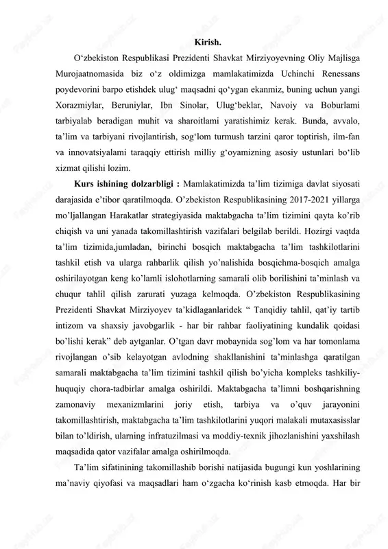 hi g‘oyatda muhimdir. kurs ishining maqsadi: o’zbekiston respublikasi uzliksiz ta’lim tizimida maktabgacha ta’lim tashkilotining tutgan o’rni va uning istiqbollari va rejalari maqsad va vazifalari maktabgacha ta’lim va tarbiyaning asosiy prinsiplarida ta’lim tizimini yanada takomillashtirish to’grisida keng bilimga ega bo’lish . kurs ishining predmeti:bugungi kunda ta’lim tizimida maktabgacha ta’lim tashkilotining tutgan nufuzi uning ahamyati kattaligini tushunish. kurs ishining obyekti: maktabgacha ta’lim tashkilotining ta’lim tizimidatutgan o’rni unung kelajak istiqbol rejalari kurs ishining vazifalari:  uzliksiz ta’lim tizimida maktabgacha ta’lim tashkilotining orni va kekgusi rejalari to’g’risida bilimga ega bolish .  maktabgacha ta‘lim tashkilotining maqsad va vazifalari to’g’risida chuqur bilim bersh .  maktabgacha ta‘lim tashkiloti istiqbol rejalari kelajakda amalga oshirmoqchi bolgan ishlar samaradorligini aglash .  maktabgacha ta’lim tizimida ilg’or pedagagik va axborot-komunikatsiya texnalogiyalarini joriy etish to’g’risida bilimga ega bo’lish kurs ishining tuzilishi : kurs ishimiz kirish,uchta bob oltitata paragraf va xulosadan iborat. i .bobkelajak avlodga ta’lim tarbiya berishda maktabgacha ta’lim tashkilotining …