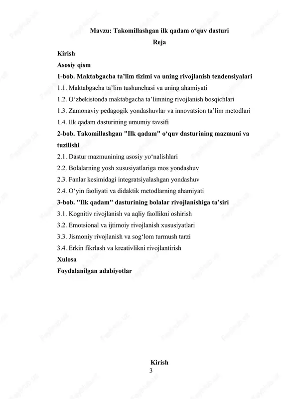 asosiy o‘rin tutadi. takomillashgan ilk qadam dasturi o‘zbekiston sharoitiga mos ravishda ishlab chiqilgan bo‘lib, unda milliy qadriyatlar, innovatsion pedagogik texnologiyalar va xalqaro tajriba uyg‘unlashtirilgan. u bolalarning fikrlash, muammolarni hal qilish, ijtimoiy muloqot qilish kabi qobiliyatlarini rivojlantirishga qaratilgan. shuningdek, dasturda steam yondashuvi (fan, texnologiya, muhandislik, san’at va matematika) ham o‘z aksini topgan bo‘lib, u bolalarda ijodiy fikrlashni rivojlantirishga xizmat qiladi. mazkur kurs ishining dolzarbligi shundaki, takomillashgan ilk qadam dasturi nafaqat bolalarning individual rivojlanishini qo‘llab-quvvatlaydi, balki ta’lim muassasalarida o‘qitish sifatini oshirish va tarbiyachilarning malakasini oshirishga ham xizmat qiladi. dastur orqali ta’lim jarayoni yanada interfaol, qiziqarli va samarali bo‘lishi mumkin. 1.1. maktabgacha ta’lim tushunchasi va uning ahamiyati 5 maktabgacha ta’lim bolaning intellektual, jismoniy va ijtimoiy rivojlanishida muhim bosqich hisoblanadi. aynan shu davrda bolaning kelajakdagi ta’lim jarayoni uchun zarur bo‘lgan bilim, ko‘nikma va qobiliyatlari shakllanadi. maktabgacha ta’lim tizimi bolalarga ta’lim berish bilan birga, ularning shaxsiy kamolotini ham qo‘llab-quvvatlaydi. shu sababli, zamonaviy jamiyatda maktabgacha ta’limni …