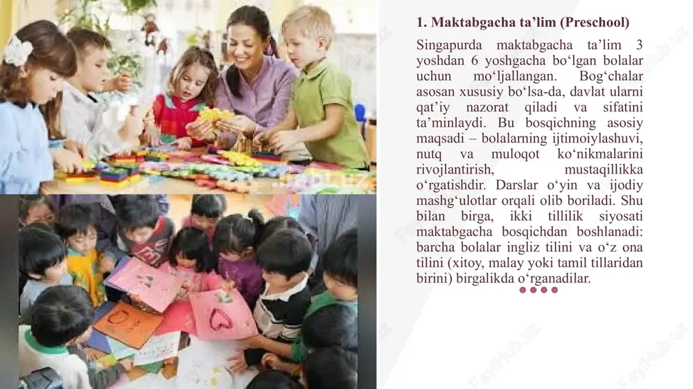 a tillarini ham rivojlantirishga e’tibor qaratiladi. singapur universitetlari dunyoning yetakchi oliy ta’lim muassasalari bilan hamkorlikda qo‘shma dasturlar yuritadi, talabalar almashinuvi va ikki diplom olish imkoniyatlari mavjud. bu esa yosh mutaxassislarning bilim va tajribasini yanada kengaytiradi. singapur universitetlarida o‘qitish tizimi zamonaviy va talabaga yo‘naltirilgan shaklda tashkil etilgan. darslar an’anaviy ma’ruzalar, seminarlar, laboratoriya mashg‘ulotlari va guruh loyihalari asosida olib boriladi. talabalar mustaqil izlanishga, tanqidiy fikrlashga va jamoada ishlashga keng jalb qilinadi. amaliyotga katta ahamiyat qaratiladi, ya’ni nazariya bevosita amaliy topshiriqlar, tajribalar va ishlab chiqarishdagi mashg‘ulotlar bilan uyg‘unlashtiriladi. shuningdek, ko‘plab fanlar interaktiv usullar orqali o‘qitiladi, masalan, muammoli vaziyatlarni hal qilish, biznes-keislarni tahlil qilish yoki ilmiy loyihalar tayyorlash orqali bilim beriladi. universitet ta’limi baholash tizimi esa faqat yakuniy imtihonlarga asoslanmaydi. aksincha, semestr davomida o‘quvchilarning faoliyati muntazam nazorat qilinadi. baholashning asosiy shakllariga oraliq imtihonlar, yozma ishlar, laboratoriya hisobotlari, taqdimotlar, guruh loyihalari va individual topshiriqlar kiradi. yakuniy baho odatda semestr davomida olingan natijalar va yakuniy imtihonning …
