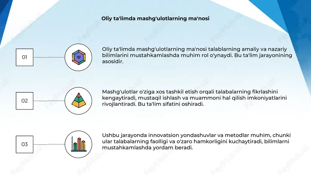 ga, xalqaro hamkorlik va sertifikatlash jarayonlari orqali oliy ta'lim muassasalari dunyo miqyosida tan olinishi ta'minlanadi. yangi pedagogik yondashuvlar 01 oliy ta'limda mashg'ulotlarni tashkil qilishda yangi pedagogik yondashuvlar muhim rol o'ynaydi. bu ta'lim sifatini oshiradi va innovatsiyalarni rag'batlantiradi. 02 yangi usullar individual yondashuvni kuchaytiradi, talabalar mustaqil fikrlash va ijodkorlikni rivojlantirish imkoniyatlarini kengaytiradi. o'qituvchilar ham yangi texnologiyalardan foydalanadi. 03 o'ziga xos xususiyatlar, shu jumladan interaktivlik va amaliyotga asoslangan metodlar, oliy ta'limda yanada samarali va qiziqarli ta'lim muhitini yaratadi. e’tiboringiz uchun rahmat