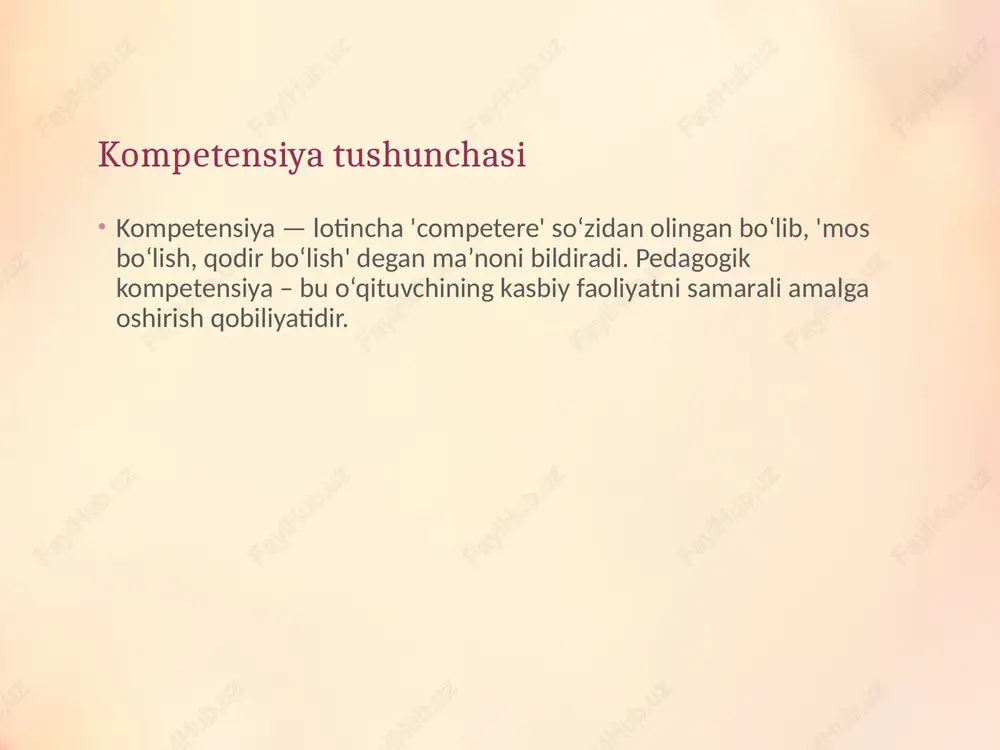 rslarida qatnashish; • o‘z ustida mustaqil ishlash; • ilg‘or tajribalarni o‘rganish; • zamonaviy pedagogik texnologiyalarni joriy etish. • doimiy o‘zini rivojlantirish — kompetensiyaning eng muhim sharti hisoblanadi. • umumkasbiy kompetensiya o‘qituvchining kasbiy yetukligini ko‘rsatuvchi asosiy omil bo‘lib, ta’lim sifatini oshirishda muhim rol o‘ynaydi. xulosa • pedagogikaning umumkasbiy kompetensiyasi — bu o‘qituvchining kasbiy faoliyatini samarali tashkil etish uchun zarur bo‘lgan bilim, malaka va shaxsiy sifatlar tizimidir. • zamonaviy o‘qituvchi faqat bilim beruvchi emas, balki o‘quvchilarni mustaqil fikrlashga, o‘zini rivojlantirishga undovchi shaxs bo‘lishi kerak. • shu bois har bir pedagog o‘z kompetensiyasini doimiy rivojlantirib borishi — ta’lim sifatini oshirishning eng muhim garovidir. foydalanilgan adabiyotlar • 1. o‘zbekiston respublikasi 'ta’lim to‘g‘risida' qonuni • 2. pedagogika asoslari – a. abduqodirov, t. tursunov • 3. pedagogik kompetensiyalar nazariyasi – r. safarova • 4. zamonaviy ta’lim texnologiyalari – sh. shodmonov pedagogikaning umumkasbiy kompetensiyasi kirish kompetensiya tushunchasi pedagogik kompetensiya mohiyati umumkasbiy kompetensiya turlari pedagogik-psixologik kompetensiya metodik kompetensiya …