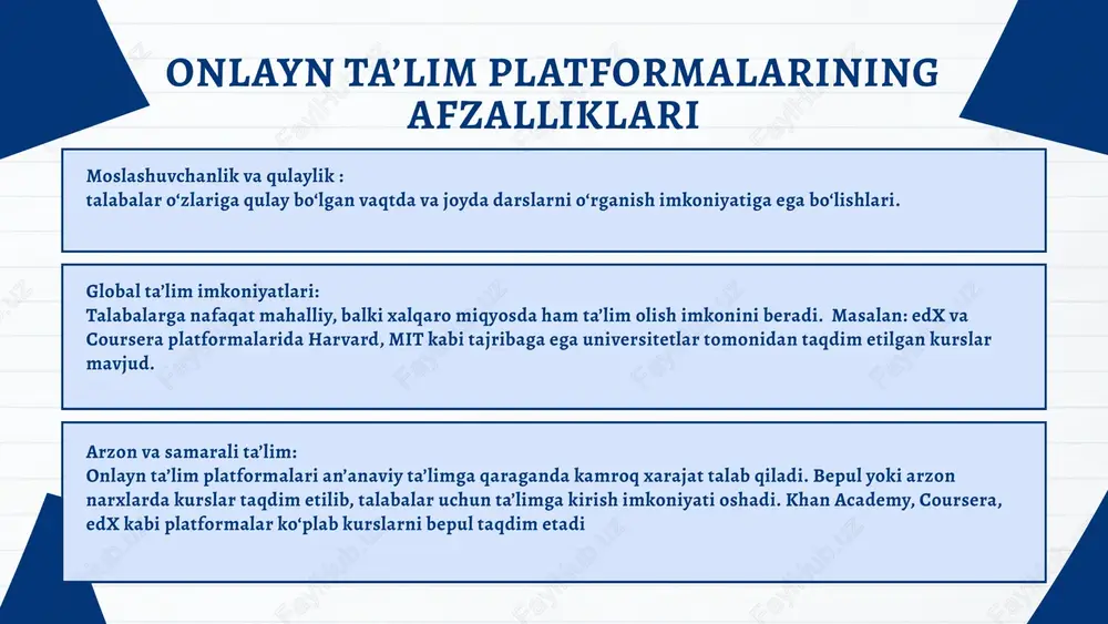gan platforma hisoblanadi. barcha universitetlar, institutlar va akademiyalar haqidagi rasmiy ma’lumotlar shu portalda joylashgan. oliy ta’lim muassasalari o‘rtasida ma’lumot almashishni ta’minlaydi. test topshirish va natijalar, grantlar haqida eng so‘nggi ma’lumotlar shu platformada e’lon qilinadi. my.edu.uz orqali talabalar elektron hujjatlar, reyting daftarchalari, diplomlar haqida ma’lumot olishadi. edu.uz 1. amaliy mashg‘ulotlar (laboratoriya, tajriba, san’at darslari)ni to’liq onlayn o‘tkazish qiyin. 2.o‘qituvchi va talabalar o‘rtasidagi jonli muloqot kamayadi. 3. talabalarni nazorat qilishda qiyinchiliklar bo’lishi (plagiat, topshiriqlarni boshqalar bajarishi). 4.baholash tizimining bir xilligi va adolatsizlik xavfi. onlayn ta’lim platformalaridagi kamchiliklar e’tiboringiz uchun raxmat ! slide 1 slide 2 slide 3 slide 4 slide 5 slide 6 slide 7 slide 8 slide 9 slide 10 slide 11 slide 12 slide 13 slide 14