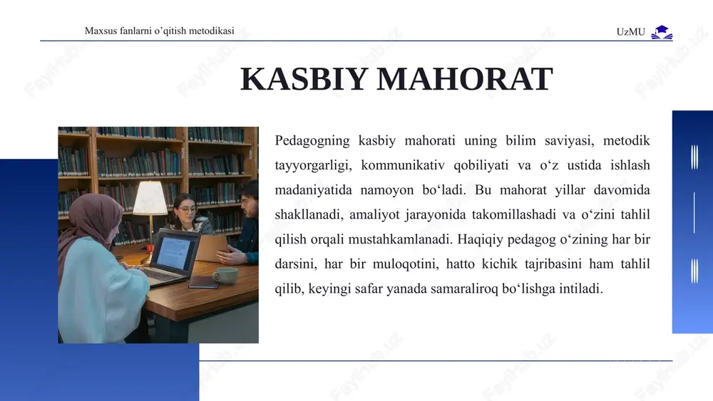 naviy pedagog kasbiy mahoratining eng muhim belgisi — insoniy yondashuvni texnologiya bilan uyg‘unlashtira olishdir. har bir o‘quvchi — bu yangi olam. shuning uchun zamonaviy o‘qituvchi har bir bolaga o‘ziga xos yondashuv topishi kerak. maxsus fanlarni o’qitish metodikasi uzmu zamonaviy pedagogning kasbiy mahorati uch asosiy poydevorga tayanadi: birinchidan, u bilim va kompetensiyalarni egallagan mutaxassis. ya’ni, o‘z fanini chuqur biladi, uni hayotiy misollar bilan bog‘lay oladi, o‘quvchilarda tahliliy fikrlashni shakllantiradi. ikkinchidan, u ijtimoiy jihatdan faol shaxs. jamiyatdagi o‘zgarishlarni kuzatadi, milliy qadriyatlar bilan zamonaviy g‘oyalarni uyg‘unlashtira oladi, yosh avlodni vatanparvarlik va insonparvarlik ruhida tarbiyalaydi. maxsus fanlarni o’qitish metodikasi uzmu 3. uchinchidan, u axborot madaniyatiga ega raqamli pedagog. internetdagi ma’lumotlarni tanlab olishni, ishonchli manbalarni ajrata bilishni, ta’limni raqamli muhitga moslashtirishni biladi. o‘qituvchi har doim o‘rganishda davom etishi kerak. chunki har bir avlod o‘ziga xos, har bir o‘quvchi boshqacha fikrlaydi. agar pedagog yangilikka ochiq bo‘lsa, o‘quvchi ham undan ilhom oladi. qisqa qilib aytganda , ta’lim …