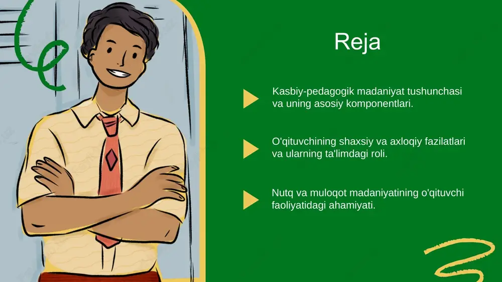 ik xotira, ijobiy tasavvur kabilarni o‘ziga mujasamlashtiradi. o‘qituvchining tafakkur madaniyati uning nutq madaniyati bilan bog‘liq agar uning so‘z boyligi kam bo‘lsa o‘z fikrlarni aniq qisqa va lo‘nda bayon eta olmaydi. o‘quv materialini yetkazish va tarbiyalashda qiynaladi. o‘qituvchining dunyo qarashi uning o‘y fikrlari va his tuyg‘ularini ahloqiy sifatlari va o‘z mehnati natijasi uchun fuqarolik mas’uliyatini ifodalaydi. aynan dunyo qarash madaniyatida pedagogik xulosalar shakllangalik jarayoni va natijasi ifodalanadi, shaxsiy qiziqishlar, qadriyatlar aniqlanadi. o‘qituvchining shaxsiy fazilatlari ta’lim jarayonida muhim rol o‘ynaydi. sabr-toqat va mehribonlik: o‘quvchilarga nisbatan mehribonlik va sabr-toqat ko‘rsatish, ularning rivojlanishiga ijobiy ta’sir qiladi. adolat va halollik: o‘quvchilarga adolatli munosabatda bo‘lish, halol bo‘lish orqali ishonch va hurmat hosil qiladi. mas’uliyat va sadoqat: o‘z ishiga mas’uliyat bilan yondashish, o‘quvchilarga sadoqat ko‘rsatish, pedagogik mahoratni oshiradi. o‘zini doimiy rivojlantirish: o‘z bilim va ko‘nikmalarini oshirishga intilish, pedagogik faoliyatni samarali qilish uchun zarur. o‘qituvchining shaxsiy fazilatlari o‘qituvchining axloqiy fazilatlari o‘qituvchining axloqiy fazilatlari ta’lim jarayonida muhim ahamiyatga ega. …
