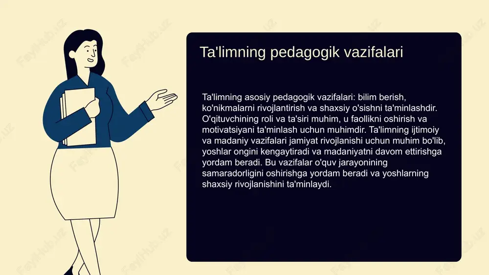hamkorlik muhim. zamonaviy ta'lim imkoniyatlari va chaqiriqlariga tayyor bo'lish zarur. photo by martin adams on unsplash https://unsplash.com/@martinadams?utm_source=ai_slide_maker&utm_medium=referral https://unsplash.com/photos/assorted-title-book-lot-on-shelf-_ozcl4xcprw?utm_source=ai_slide_maker&utm_medium=referral foydalanilgan adabiyotlar 1. o'zbekiston respublikasi ta'lim vazirligi. (2020). o'zbekiston ta'lim tizimining rivojlanish strategiyasi. toshkent: o'zbekiston respublikasi ta'lim vazirligi. 2. mustaqil o'quvchilar uchun pedagogika va tarbiya. (2019). toshkent: ma'rifat nashriyoti. 3. akramov, sh. (2018). ta'lim jarayonida innovatsion yondashuvlar. toshkent: fan va ta'lim nashriyoti. 4. yunusov, b. (2021). zamonaviy ta'lim texnologiyalari va tarbiya. toshkent: o'zbekiston milliy universiteti nashriyoti. 5. rahimov, a. (2017). ta'lim va tarbiya: nazariyalar va amaliyot. toshkent: o'zbekiston fanlar akademiyasi nashriyoti. designed by slides carnival e'tiboringiz uchun rahmat! https://www.slidescarnival.com/ https://www.slidescarnival.com/ őqitishning ta'lim - tarbiyaviy va rivojlantiruvchi vazifalari slide 2 slide 3 slide 4 slide 5 ta'lim jarayonlarida innovatsiyalar amaliy misollar bilan ta'lim vazifalari slide 8 slide 9 slide 10 e'tiboringiz uchun rahmat!