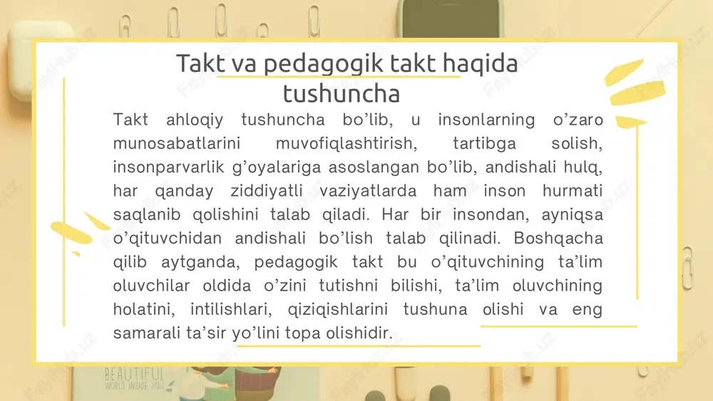 imkoniyatlari paydo bo‘ladi; o‘qituvchi o‘quvchilar bilan chin ko‘ngildan birbiriga yaqin bo‘ladi, ba’zan eshitmasligi kerak bo‘lgan o‘quvchilarning o‘zaro sirli gaplarini eshitmasdan o‘tib ketishi mumkin, negaki o‘zgalar gapini tinglash odobsizlik o‘qituvchi ba’zan o‘quvchilar jamoasining kundalik ishlariga aralashmasligi, jamoada ro‘y beradigan ba’zi ko‘ngilsiz hodisalarni ijobiy hal etishni jamoa faollari zimmasiga havola etishi mumkin. o‘quvchilar bilan munosabatlarda pedagogik nazokatni qo‘llash natijasida: pedagogik nazokatning mohiyati va xususiyatlari o‘qituvchining pedagogik nazokati mohiyati avvalo etnopedagogik tuyg‘ular, milliy qadriyatlar, urf-odat va an’analar, o‘zbekona tavoze va muomala madaniyati, o‘quvchilar jamoasiga singib keta oladigan har qanday ijtimoiy muhitga moslashuvchi individual qobiliyatlar, kasbiy bilim, ko‘nikma va malakalar mujassamlashgan bo‘ladi. o'quvchi tarbiyasida o‘qituvchi eng qiyin vaziyatlarda ham pedagogik nazokatning quyidagi holatlariga rioya qilishi va ushbu faoliyatga o‘zini moslashtirishi lozim: emotsional his tuyg‘ular va kechinmalarda, stress holatlarida o‘zini boshqara olish qoidalariga rioya qilish o‘zining xulq atvor xususiyatlarini doimiy bir muvozanatda saqlagan holda qo‘llash bachkana qiliqlar, ortiqcha hatti-harakatlar, pedagogik etikaga to‘g‘ri kelmaydigan bema’ni so‘zlardan …