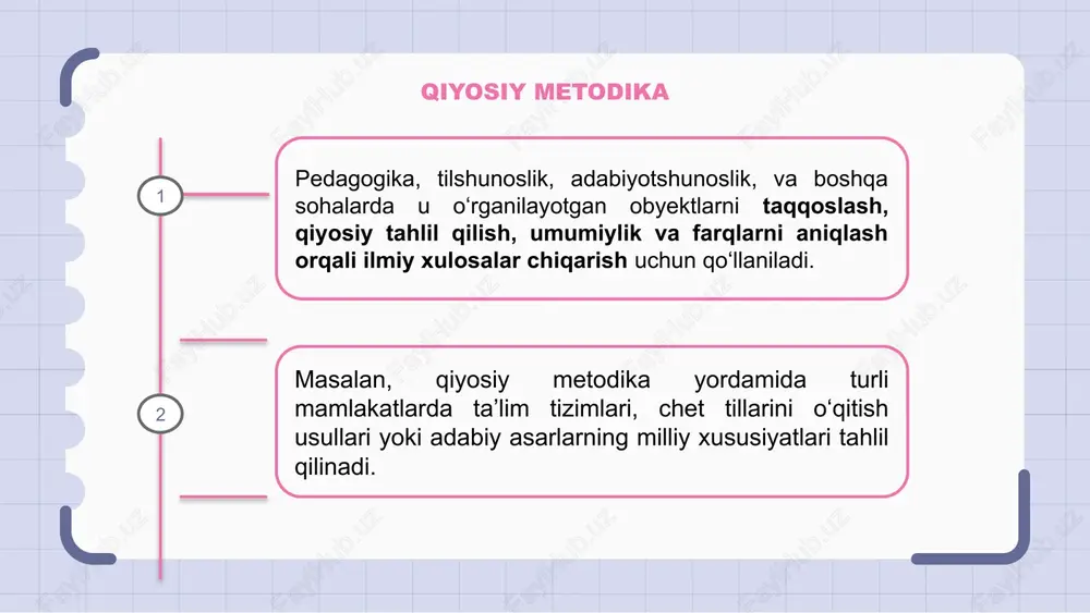 adaniy kontekstda ham to‘g‘ri qo‘llashni o‘rgatadi. qiyosiy metodikaning ahamiyati🔹 ● fanlararo tahlilni chuqurlashtiradi; ● ilmiy fikrlashni rivojlantiradi; ● milliy va xorijiy tajribalar o‘rtasida bog‘liqlikni o‘rnatadi; ● ta’lim jarayonini takomillashtirishga yordam beradi; ● o‘qituvchilarda tahliliy va solishtiruvchi fikrlashni shakllantiradi. oliy ta’lim muassasalarida qiyosiy metodika quyidagi yo‘nalishlarda qo‘llaniladi: ● turli mamlakatlarning oliy ta’lim tajribalarini tahlil qilish (masalan, kredit-modul tizimi, ects, onlayn ta’lim platformalari). ● pedagogik fanlar, metodika kurslari, xorijiy tillarni o‘qitish bo‘yicha ilg‘or tajribalarni o‘rganish. ● ta’lim sifatini baholashda xalqaro standartlardan foydalanish (iso, cefr, bologna tizimi). ● ta’limda milliy va xorijiy tajribalarni uyg‘unlashtirish orqali innovatsion metodlar yaratish. xulosa qiyosiy metodika oliy ta’limda ta’lim jarayonini tahlil qilish, takomillashtirish va innovatsion yondashuvlarni joriy etishda muhim o‘rin tutadi. u turli mamlakatlar tajribasini o‘rganish orqali o‘qituvchilarning metodik salohiyatini oshiradi, o‘quv jarayonining sifatini yaxshilaydi va ta’limni xalqaro standartlarga moslashtirishga yordam beradi. shunday qilib, qiyosiy metodika — bu oliy ta’limda sifatli o‘qitish, ilg‘or tajribalarni qo‘llash va ta’lim tizimini …