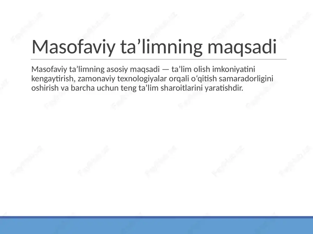 sqichni boshlab berdi. u ta’limni istalgan joyda va qulay vaqtda olish imkonini beradi hamda raqamli ta’limning asosiy yo‘nalishiga aylanmoqda. o‘zbekiston respublikasida masofaviy ta’limning o‘ziga xos xusu masofaviy ta’lim tushunchasi masofaviy ta’limning maqsadi masofaviy ta’limning huquqiy asoslari slide 5 slide 6 slide 7 masofaviy ta’limning afzalliklari masofaviy ta’lim platformalari slide 10 slide 11 slide 12 masofaviy ta’limda foydalaniladigan usullar o‘zbekiston tajribasida rivojlanish bosqichlari masofaviy ta’limning muammolari takliflar va yechimlar xulosa