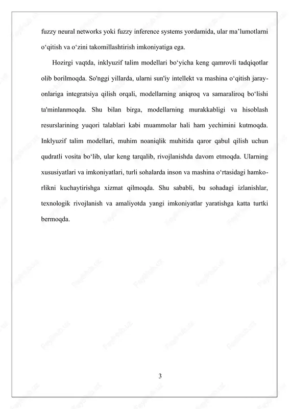 ladi va ular muomala qilish uchun qulay imkoniyatlar yaratadi. inklyuzif mantiq va modellar, shuningdek, fuzzy inference systemlar (fis) yordamida ishlash imkoniyatiga ega. fis, inson fikrlash tarzini taqlid qilishga harakat qiladigan va ehtimollik asosida qaror qabul qilishni ta'minlaydigan tizimlardir. bu tizimlar, odatda, uch asosiy qismdan iborat: fuzzy kirish parametrlarini qabul qiluvchi fuzzy qoidalar bazasi, fuzzy qoidalar bajaradigan mahalliy inferensiyalar va chiqishlarni aniqlovchi defuzzyfikatsiya qismi. bu jarayon, noaniqlik muhitida aniq va ishonchli natijalar olish imkonini beradi. masalan, tibbiyotda, kasallik darajasini baholash yoki avtonavigatsiyada, mashinalarning muhit sharoitlariga moslashuvi uchun ishlatiladi. inklyuzif modellarning xususiyatlariga kelsak, ular asosan moslashuvchanlik va adaptivlik bilan ajralib turadi. ular muhitdagi o‘zgarishlarga tezda moslashadi va yangi ma'lumotlar bilan o‘zini takomillashtira oladi. bu esa, ularni iqtisodiyot, tibbiyot, avtomobilsozlik, biotexnologiya kabi sohalarda keng qo‘llash imkonini yaratadi. inklyuziv neyron tarmoqlar (fuzzy neural networks), masalan, murakkab muammolarni hal qilishda muhim rol o‘ynaydi. bu tarmoqlar, o‘rgatish jarayonida ma'lumotlarni o‘zlashtiradi va o‘zi mustahkamlanib, yaxshi natijalarga erishadi. …