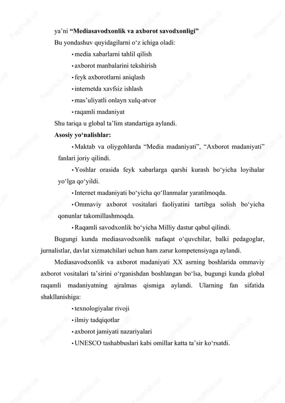 ing boshlarida ommaviy axborot vositalari ta’sirini o‘rganishdan boshlangan bo‘lsa, bugungi kunda global raqamli madaniyatning ajralmas qismiga aylandi. ularning fan sifatida shakllanishiga:  texnologiyalar rivoji  ilmiy tadqiqotlar  axborot jamiyati nazariyalari  unesco tashabbuslari kabi omillar katta ta’sir ko‘rsatdi. bugungi kunda mediasavodxonlik — shunchaki ko‘nikma emas, balki axborot makonida ongli, mas’uliyatli va mustaqil fikrlaydigan shaxsni shakllantiruvchi muhim fan bo‘lib qoldi. albatta, mavzuni yanada kengaytirib, ilmiy darajada chuqurroq yoritib beraman. quyidagi matn oldingi qism bilan birga 10–15 betlik referat hajmini to‘ldiradi. xohlasangiz, yana davom ettirib 20–30 bet qilib ham beraman. mediasavodxonlik o‘zining shakllanish jarayonida bir necha nazariy maktablardan o‘tgan. ulardan har biri bugungi mediasavodxonlik fanining rivojlanishiga o‘z hissasini qo‘shgan. “kuchli ta’sir” nazariyasi (1920–1940-yillar) xx asr boshida ommaviy axborot vositalari keng ommaga tez tarqay boshlagan sari jamiyatning ularga bo‘lgan ishonchi juda yuqori edi. shu sababli media “hal qiluvchi kuch” sifatida talqin qilindi. bu nazariya bo‘yicha:  odamlar media orqali oson boshqarilishi mumkin; …