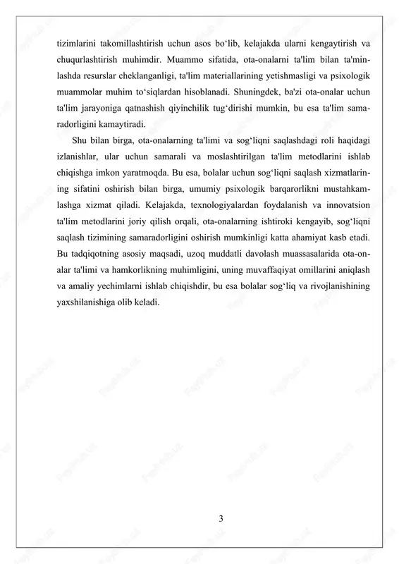 yatiga ega bo'lishadi. uzoq muddatli davolash muassasalarida, ayniqsa, bolalar uchun sog'liqni saqlash muhim bo'lsa, ota-onalar bilan hamkorlik qilish va ularning ta'lim jarayoniga faol qatnashishini ta'minlash muhim muammo sifatida yuzaga keladi. bu muammo yechimlari, shuningdek, sog'liqni saqlash tizimining umumiy sama- radorligini oshirish uchun ham muhimdir. ota-onalar ta'limining asosiy maqsadi, ularning sog'liqni saqlash jarayoniga bo'lgan bilim va ko'nikmalarini oshirishdir. bu ta'lim bolalar uchun muolajalar, davolash usullari va ehtiyot choralari haqida to'g'ri tushunchaga ega bo'lishni ta'minlaydi. masalan, ota-onalar bolalarining dori vositalarini qanday to'g'ri qo'llash, muolaja vaqtini belgilash va shifokorlar bilan samarali muloqot qilish kabi ko'nikmalarga ega bo'lishadi. bu esa, davolash jarayonining samaradorligini os- hirish bilan birga, xavfsizlikni ham ta'minlaydi. ota-onalarning ta'limi, ular uchun maxsus kurslar, seminarlar va maslahatlar orqali amalga oshiriladi, bu esa ularning nazorat qilish va sog'liq muammolarini tushunish darajasini oshiradi. shuningdek, ota-onalar bilan hamkorlik qilish va ularni ta'lim jarayoniga jalb qilish psixologik barqarorlikni ta'minlashda muhim rol o'ynaydi. ular bolalarining emotsional salohiyatini …