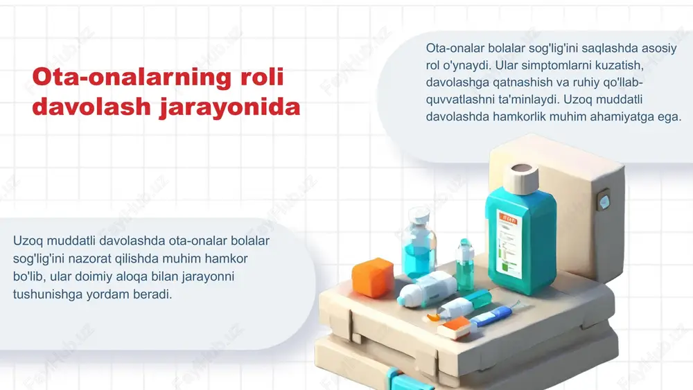 trategiyalar ishlab chiqish muhimdir. muloqot strategiyalari telefon, elektron pochta, shaxsiy uchrashuvlar va boshqa vositalar yordamida aloqani o'rnatish mumkin. uslublar va imkoniyatlar har bir usulning afzalliklari va kamchiliklari bor: telefon tez, elektron pochta yozma, shaxsiy uchrashuv ishonchli. uslublarning tahlili telefon tez, yozma va shaxsiy uchrashuvlar esa mustahkam aloqani rivojlantiradi. uslublar tahlili uslub tanlashda qulaylik, muhokama mazmuni va muammo murakkabligini hisobga olish kerak. tanlov mezonlari bir nechta usulni birga qo'llash, masalan, telefon va elektron pochta, samarali bo'ladi. ko'p usuldan foydalanish ota-onalar bilan samarali muloqot strategiyalari • 1 • 2 • 3 ota-onalar bilan muloqotda texnologiyalardan foydalanish mobil ilovalar, masalan, whatsapp va telegram, ota-onalar bilan bog'lanishni osonlashtiradi. ular orqali bolalar holati, davolash jadvali va muhim ma'lumotlar tez va qulay tarzda yetkaziladi. ijtimoiy tarmoqlar va onlayn platformalar, jumladan facebook va telegram guruhlari, ota-onalarni birlashtirib, muloqotni rivojlantiradi. bu usullar orqali hamkorlik va ma'lumot almashinuvi kuchayadi. texnologiyalar yordamida vaqtni tejash, axborotni tez yetkazish va shaxsiylashtirilgan maslahatlar …