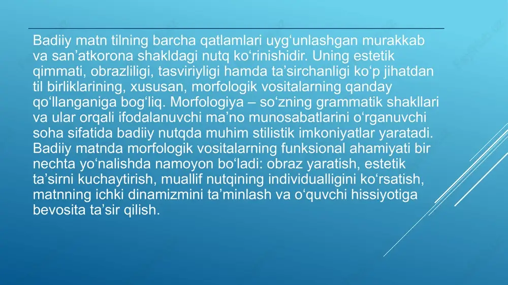 ning ruhiy muhiti yanada jonli tasvirlanadi. morfologik vositalarning badiiy matndagi funksional ahamiyatining yana bir muhim jihati – kuchaytirgich shakllarning qo‘llanishidir. masalan, “ko‘m-ko‘k”, “yam-yashil”, “qip-qizil” kabi takrorlovchi affikslar tasvirni yorqinlashtiradi, obrazga kuchli ekspressivlik bag‘ishlaydi. bunday shakllar o‘quvchining tasavvurini kuchaytiradi, matnga poetik qaymoq qo‘shadi. o‘zbek she’riyatida, ayniqsa, kuchaytirgich vositalarning qo‘llanilishi juda keng bo‘lib, u poetik obrazning mazmun va ohangdorligini ta’minlaydi. badiiy matnda morfologik variantlar va dialektal shakllarning qo‘llanishi ham muallif uslubini belgilaydi. qahramonning ijtimoiy kelib chiqishi, yoshligi, mentaliteti, xarakteri ko‘pincha dialektal so‘z shakllari orqali beriladi. bu esa badiiy asarning realistik tasvirini kuchaytiradi. shuningdek, arxaik shakllar (“erdi”, “qilmishdur”, “nechun”) tarixiy asarlarda matnning davr ruhini tiklashda xizmat qiladi. morfologik vositalarning yana bir muhim funksiyasi – matnning ritmik va melodik tuzilishini yaratishdir. sifatlarning ketma-ketligi, fe’l shakllarining uyg‘unligi, kuchaytirgich vositalarning takrorlanishi matnga musiqiy ohang bag‘ishlaydi. ayniqsa, she’riyatda morfologik shakllar ritm hosil qilishda eng asosiy vositalardan hisoblanadi. morfologiyaning badiiy matndagi yana bir funksional jihati – matnning ichki …
