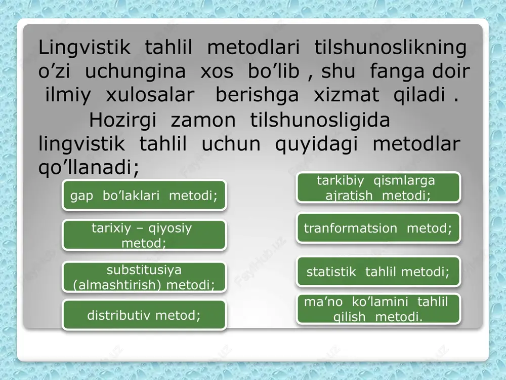 ar qanday butunlik, xususan, gap hokim va tobelik munosabatida bo'lgan qismlardan iboratdir va ular bevosita bo'ysunish- iyerarxiya prinsipiga amal qiladi. gap avval ikki ishtirokchi qismga va so'ngra har bir ishtirokchi qism yana ikki ishtirokchi qismlarga ajratiladi. bu ish to oxirgi ikki eng kichik ma'no anglatuvchi birlik aniqlanguncha davom etadi.  masalan: transformatsion metod  bu uslub zamonaviy uslublar ichida eng mukammali hisoblanadi. chunki u tildagi sintaktik jarayonlarni tushuntirish imkoniga egadirj  transformatsion uslub ta'limotiga binoan tilning sintaktik tuzilishi asosida elementar yadro gaplar yotadi. bu elementar sintaktik strukturalarning o'zgarishi yangi turdagi mukammalroq strukturalarning (sintaktik birliklarni: so'z birikmalari, gaplarning) yuzaga kelishiga sabab bo'ladi. har bir murakkab gap boshqa bir elementar (yadro) gapning o'zgarishi natijasidir. bu uslub go'yo til paydo boigan vaqtdan boshlab, tilning to hozirgacha bo'lgan rivojlanish bosqichlarini o'z ichiga oladi. ba'zi olimlarning fikrich'a, tillarning rivojlanish bosqichlarini bolalar nutqi misolida ko'rish mumkin.  bolalar nutqini o'rganish shuni ko'rsatadiki, ular dastlab ayrim tovushlarni, …