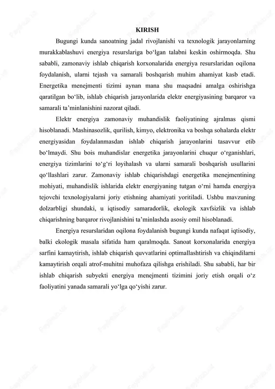 atsiyalashgan bo‘lib, har bir ishlab chiqarish obyekti uchun energiya balansini tuzishni, energiya sarfini monitoring qilishni va natijalarni tahlil qilishni o‘z ichiga oladi. bugungi kunda energetika menejmenti nafaqat texnik, balki strategik masalaga ham aylanmoqda. zamonaviy korxonalar energiya resurslarini tejash orqali raqobatbardoshligini oshiradi, mahsulot tannarxini kamaytiradi va ekologik barqarorlikni ta’minlaydi. shu sababli, har bir sanoat korxonasida energetika bo‘limi yoki maxsus menejer faoliyat yuritadi. energetika menejeri ishlab chiqarish jarayonlaridagi energiya sarfini doimiy nazorat qilib boradi, energiya yo‘qotishlarini aniqlaydi hamda ularni kamaytirish bo‘yicha tavsiyalar ishlab chiqadi. u, shuningdek, energiya auditi o‘tkazish, energiya samaradorligini oshirish dasturlarini ishlab chiqish va xalqaro standartlarga muvofiq boshqaruv tizimlarini joriy etish uchun javobgardir. zamonaviy ishlab chiqarish korxonalarida iso 50001 xalqaro standarti keng qo‘llanilmoqda. ushbu standart energetika menejmenti tizimini tashkil etish, energiya samaradorligini doimiy ravishda oshirib borish va energiya siyosatini barqaror rivojlantirishni talab etadi. bu esa ishlab chiqarishning ekologik xavfsizligi, energiya resurslarini tejash va chiqindilarni kamaytirish imkonini beradi. bundan tashqari, energetika …