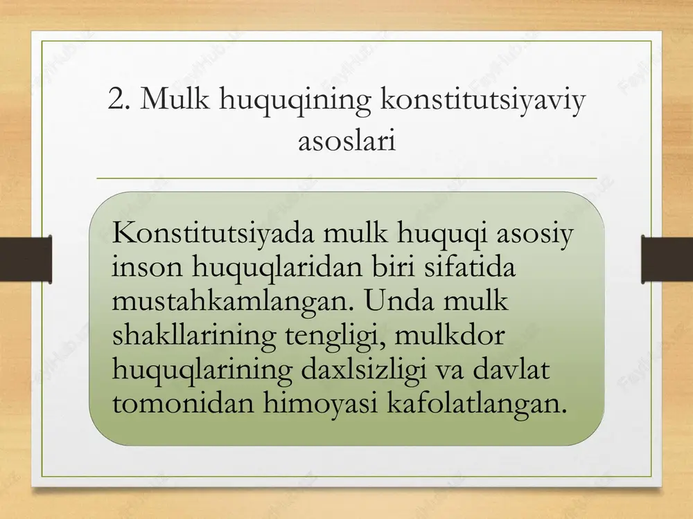 kini himoya qilish mexanizmlarini o‘z ichiga oladi. ularning huquqlari davlat tomonidan teng asosda kafolatlanadi. 18. mulk huquqining xalqaro huquqiy kafolatlari xalqaro huquq ham mulk huquqining muhim tamoyillarini belgilaydi. chet ellik investorlar mulkini himoya qilish bo‘yicha xalqaro bitimlar mavjud. 19. mulk huquqi cheklanishlarining huquqiy asoslari mulk huquqi cheklanishi faqat qonun asosida amalga oshiriladi. cheklashlar jamiyat xavfsizligi, ekologiya yoki boshqa muhim davlat manfaatlari bilan bog‘liq bo‘lishi mumkin. 20. mulkni kompensatsiya asosida olib qo‘yish mulkni olib qo‘yish faqat adolatli kompensatsiya asosida va qonuniy tartibda amalga oshirilishi mumkin. bu mulkdor manfaatlarini himoya qilishning muhim kafolatidir. 21. mulk huquqini buzilish oqibatlari mulk huquqining buzilishi iqtisodiy zararlarga, sud xarajatlariga va boshqa salbiy oqibatlarga olib keladi. bunday holatlarda mulkdor o‘z huquqlarini tiklash uchun sudga murojaat qiladi. 22. mulk huquqini mustahkamlash bo‘yicha takliflar mulk huquqini mustahkamlash uchun samarali qonunchilik, sud tizimi va institutsional mexanizmlarni takomillashtirish zarur. bu jamiyatda barqarorlik va ishonchni ta’minlaydi. xulosa mulk huquqi har bir jamiyatning …