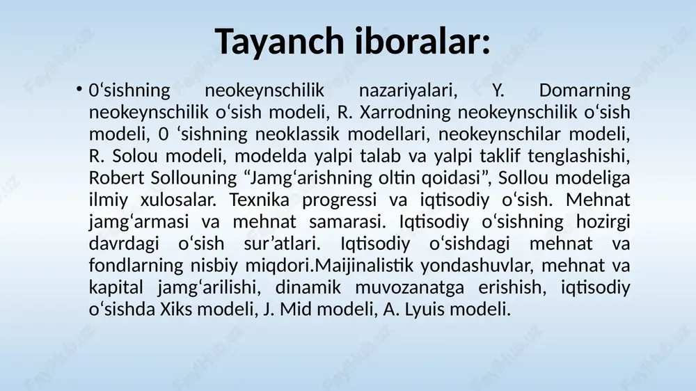 farqlaydilar: • odatda iqtisodiy o‘sishning yangi keynscha nazariyalari; • iqtisodiy o‘sishning yangi klassik nazariyalari; • iqtisodiy o‘sishning empirik nazariyalari; • endogen (ichki o’sish) o‘sishning yangi nazariyalari. keyns fikriga muvofiq mahsulot harakatida aholining bozorda to'lovga qobil talabi hal qiluvchi rol o‘ynaydi. talab, iste’mol, investitsiya iqtisodiy o'sish sifatini oldindan belgilab beradi. keyns davlat makrodarajada barqarorlashtiruvchi siyosat yuritish zarur va uning asosiy vazifasi davlat sarflari, investitsiyalar, soliqlar va foiz stavkasi orqali iqtisodiyotni barqaror rivojlanishini ta’minlashi lozimligini va unda investitsiyalar iqtisodiy rivojlanishning asosiy omillaridan biri deb hisoblagan. • iqtisodiyot nazariyasi fanida multiplikator tushunchasini 1931- yilda ingliz iqtisodchisi r.kan kiritdi. bu ko‘rsatkich milliy daromad hajmining o‘sishi bilan ushbu o‘sishni ta’minlagan investitsiya hajmiga nisbati bilan belgilanadi. u investitsiyalar dinamikasi yalpi talab qiymatlarining o‘zgarishida muhim ahamiyat kasb etishini, ko‘rsatkichning o‘zi esa, daromadlar o‘sishidagi farqning investitsiyalar o‘sishidagi farqqa nisbatini aks ettirishini nazarda tutadi. • m = yaim / i • u yerda: yaim - yaim hajmining o‘zgarishi; • …