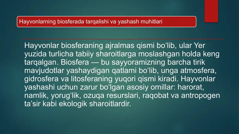 tuproq chuvalchanglari, chumolilar, qo`nizlar, sut emuizuvchilarning ayrim turlari) nurash prosessida va ayniqsa tuproq hosil bo`lishda ahamiyati katta. ayrim hayvonlar (ko`pchilik hasharotlar, ayrim qushlar va ko`rshapalak) o`simliklarni changlatadi, ba`zi hayvonlar, qushlar o`simlik urularini tarqatadi. hayvonlar hayoti o`simliklar hayoti bilan chambarchas bolangan bo`lib, hayvonlar sonining o`zgarishi bilan o`simliklar bilan o`simliklar soni ham o`zgaradi. www.arxiv.uz zaharli ilonlarni yaqin vaqtlargacha ko`plab ushlanar va o`ldirib yuborilar edi. masalan: hindistonning ragnogari rayonida qabul punktlariga yiliga o`rtacha 225000 dona, narxi oshirilgandan keyin esa sakkiz kun ichida 115000 dona ilon o`ligi topshirilgan. ilonlarni qirib yuborilgan joylarda sichqon va boshqa kemiruvchi hayvonlar juda tez ko`payib ketdi, natijada alla hosili kamaydi, kishilar o`rtasida o`lat, tuleremiya, sariq kasali kupaydi. ilon zahrining medisinadan keyin katta ahamiyatini va ilonlarning tabiatdagi ayrim zararli hayvonlarni qirishdagi rolini hisobga olib, ilonlar endilikda davlat nazorati ostida muhofaza qilinmoqda. hozirda yirtqich hayvonlarni butunlay yo`qolib ketishiga chek qo`yilmoqda, kamayib qolganlarini maxsus joylarda ko`paytirish choralari ko`rilmoqda. masalan: bo`rilar va qiriylarni …
