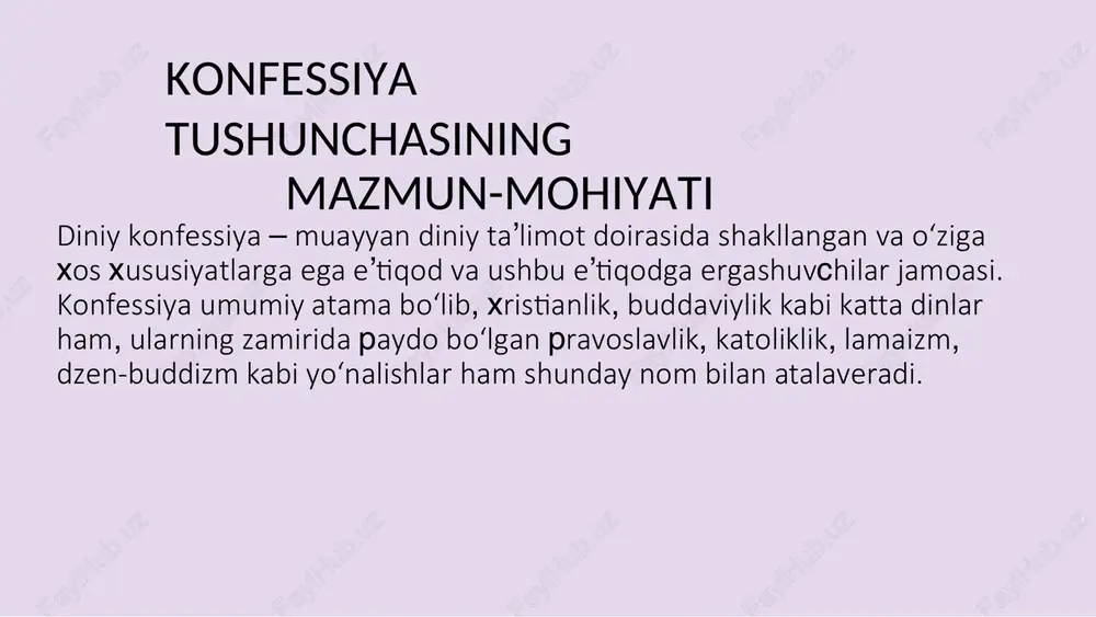 masjid i hozir diniy ta’limotlar, ulardagi muayyan qoidalarni davr talabig a moslashtirish, modernizatsiya qilish jarayonini kuzatish mumkin. masalan , rim papasi o‘rta asrlarda cherkov tomonidan amalga oshirilgan inkvizitsiy a va salb yurishlari xato bo‘lganini tan olib, rasman kechirim ham so‘radi . 1992- yilda papa ioann pavel ii o‘z paytida galileo galileyning haq bo‘lganini tan olib, barchadan uzr so‘ragani ham bunga misol bo‘la oladi. ma’lumot uchun birlashgan millatlar tashkiloti ma’lumotlariga ko‘ra, islomning yillik o‘sis h sur’ati 6,4 foizni tashkil etib, 1989-yildan 2011- yilga qadar musulmon aholisi soni shimoliy amerikada – 25, afrikada – 2,15, osiyoda – 12,57, yevropada – 142,35, avstraliya va okeaniyada – 257,01 foizga ko‘paygan. faqat lotin amerikasida islomga e’tiqod qiluvchilar ulushi 4,73 foizg a kamaygan o‘zbekiston respublikasidagi konfessiyalararo munosabatlar o‘zbekiston respublikasida 2017-yil dekabr holatiga ko‘ra 16 konfessiya faoliyat ko‘rsatmoqda.• ular quyidagilardir: • – islom (o‘zbekiston musulmonlari idorasi); • – pravoslavlik (toshkent va markaziy osiyo yeparxiyasi); • – katoliklik …
