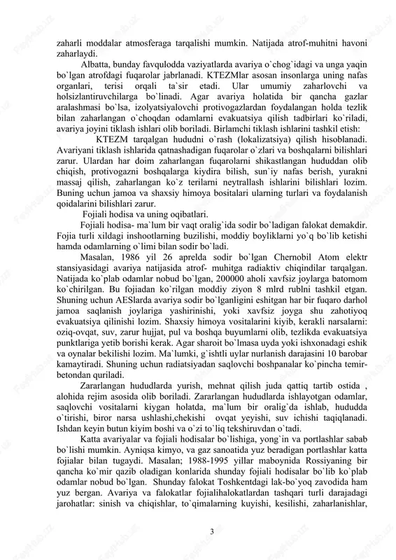 ezm tarqalgan hududni o`rash (lokalizatsiya) qilish hisoblanadi. avariyani tiklash ishlarida qatnashadigan fuqarolar o`zlari va boshqalarni bilishlari zarur. ulardan har doim zaharlangan fuqarolarni shikastlangan hududdan olib chiqish, protivogazni boshqalarga kiydira bilish, sun`iy nafas berish, yurakni massaj qilish, zaharlangan ko`z terilarni neytrallash ishlarini bilishlari lozim. buning uchun jamoa va shaxsiy himoya bositalari ularning turlari va foydalanish qoidalarini bilishlari zarur. fojiali hodisa va uning oqibatlari. fojiali hodisa- ma`lum bir vaqt oralig`ida sodir bo`ladigan falokat demakdir. fojia turli xildagi inshootlarning buzilishi, moddiy boyliklarni yo`q bo`lib ketishi hamda odamlarning o`limi bilan sodir bo`ladi. masalan, 1986 yil 26 aprelda sodir bo`lgan chernobil atom elektr stansiyasidagi avariya natijasida atrof- muhitga radiaktiv chiqindilar tarqalgan. natijada ko`plab odamlar nobud bo`lgan, 200000 aholi xavfsiz joylarga batomom ko`chirilgan. bu fojiadan ko`rilgan moddiy ziyon 8 mlrd rublni tashkil etgan. shuning uchun aeslarda avariya sodir bo`lganligini eshitgan har bir fuqaro darhol jamoa saqlanish joylariga yashirinishi, yoki xavfsiz joyga shu zahotiyoq evakuatsiya qilinishi lozim. …