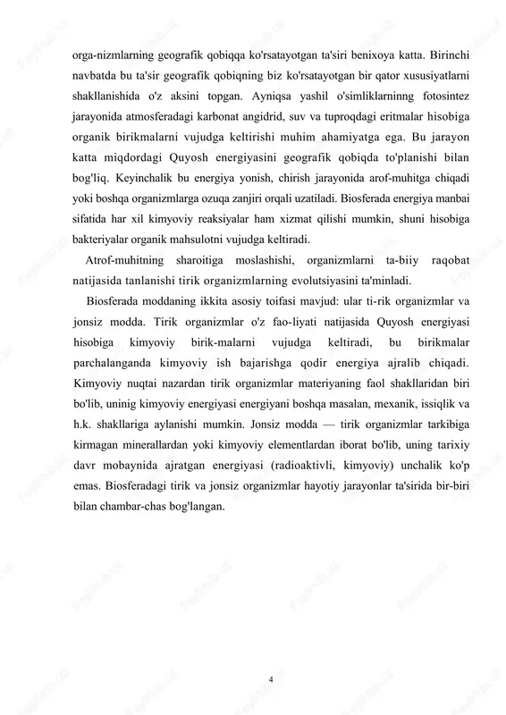 vli, kimyoviy) unchalik ko'p emas. biosferadagi tirik va jonsiz organizmlar hayotiy jarayonlar ta'sirida bir-biri bilan chambar-chas bog'langan. 4 2.1. geografik qobiqning asosiy xususiyatlari geografik qobiq murakkab tizim bo’lib, juda uzoq vaqt da-vomida shakllanib hozirgi holatini olgan. uning asosiy xususi-yatlari quyidagilardan iborat: 1. geografik qobiq moddiy tarkibining va tuzilishining o’ziga hosiligi va xilma-xilligi. geografik qobiqda moddalar uch agregat holatda uchraydi (qattiq, suyuq, gaz). ularning fizik xossalari (zichlik, issiqlik o’tkazuvchanligi, issiqlik sig’imi, yopishqoqlik, darzlanganlik darajasi, quyosh nurlarini qaytarish xossasi va h.k) juda katta oraliqlarda o’zgaradi. moddalarning ximik hossalari turlicha. bundan tashqari geografik qobiqda modda-lar tuzilishiga ko’ra noorganik, organik va aralash turlarga bo’linadi. moddalarning har bir ajratilgan turi o’z navbatida yana yuzlab va minglab xillarga bo’linib ketadi. tirik organi-zimlarning turlari esa 1,5 mln. dan 2 mln. gacha yetadi. 2. geografik qobiqqa kelayotgan issiqlikning va uning o’zgarishining nihoyatda xilma-xilligi. geografik qobiqqa issiqlik koinotdan va yerning ichki qismidan keladi. ular nihoyatda xilma-xildir. ularning o’zgarishi ham …