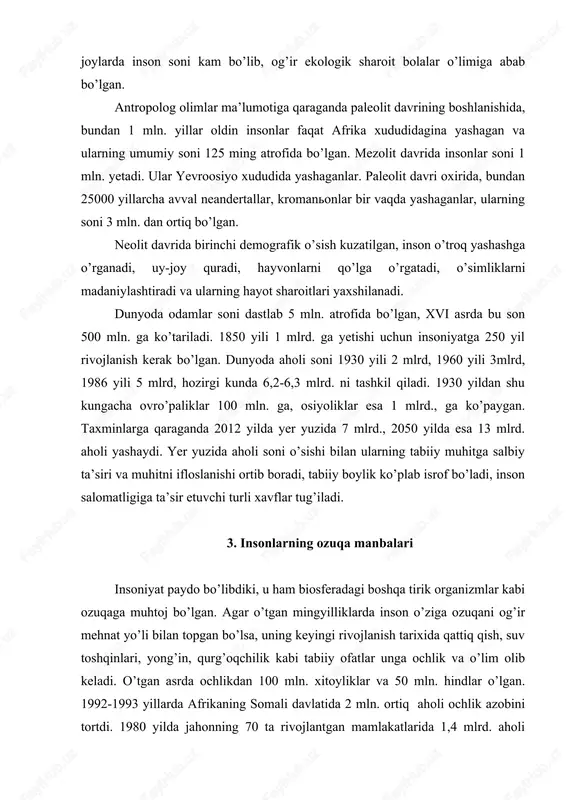 iyim olishga imkoni bo’lmaydi. hozirgi kunda yer yuzi aholisining 2/3 qismi sifatli oziq-ovqat iste’mol qilmaydi, bundan tashqari 50 foiz aholi to’yib ovqatlanmaydi, 25 foiz aholi doimiy ochlikda bo’lsa, har yili 10-30 mln. aholi ochlikdan o’ladi. bu muammoni hal qilsa bo’ladimi, degan muhim savol bugungi kunning kun tartibida turadi. bmt qoshidagi xalqaro birlashgan koordinatsiya guruhining ma’lumotiga ko’ra yer yuzida yetishtirilgan va dengizlardan olingan ozuqa mahsulotlari orqali planetada 31,5 mlrd. aholini boqish mumkin. rus iqtisodchisi k. malininning ma’lumotlariga ko’ra, quruqlikdagi madaniy o’simliklar bilan 50 mlrd. aholini boqish mumkin. dengiz mahsulotlari va bir hujayrali suv o’tlarini ko’paytirib, ular mahsulotidan keng foydalanilsa, planetaning 290 mlrd. aholisini ozuqa bilan ta’minlasa bo’ladi. kelajakda tez hazm bo’ladigan va baliqlardan olinadigan oqsil mahsulotlari, dengiz suv o’tlari ozuqaning asosiy qismini tashkil qiladi. bundan tashqari turli mikroorganizmlar ham yuqori sifatli oqsil moddalar hosil qiladilar. shuning uchun ham ular ozuqa manbai sifatida ma’lum o’rin egallaydi. agar vazni 200 kg bo’lgan sigir …