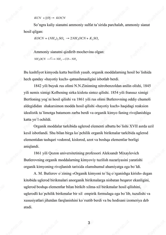 ga bog`liq. masalan, metanda vodorodning bitta atomi aminogruppa-nh2 ga o`rin almashingan bo`lsa, bu birikma asos xususiyatlariga, karboksil gruppa –cooh ga o`rin almashingan bo`lsa kislota xususiyatlariga ega bo`ladi: ch3nh2 (ch4(ch3 cooh metilamin sirka kislota nemis ximigi k. shorlemmer uglerod atomlari o`zaro birikib –c-c- zanjirini hosil qilishini ko`rsatib berdi. shu tariqa organik kimyo fan sifatida tarkib topib va rivojlanib bordi. organik kimyoning alohida fan sifatida ajralib chiqishiga quyidagilar sabab bo’lgan: · organik moddalarning sonining ko’pligi, hozirgi vaqtda ularning soni o’n milliondan ortib ketgan; · organik moddalaning inson hayoti faoliyatidagi ahamiyatining katta ekanligi; · organik moddalarning o’ziga xos xususiyatlarga ega ekanligi, ularnig barchasi yonuvchan, aksariyati dissotsiatsiyaga uchramaydi va tashqi ta’sirga chidamsiz; · organik kimyo yuksak taraqqiy etgan materiyani o’rganadi. dastlab organik kimyoda radikallar nazariyasi vujudga keldi. bu nazariyaning tarafdorlari (dyuma, berselius, libix) noorganik birikmalar oddiy radikallardan, organik birikmalar esa murakkab radikallardan (atom yoki atomlar guruhi) tashkil topgan bo’lib, bu radikallar kimyoviy jarayonlar natijasida …