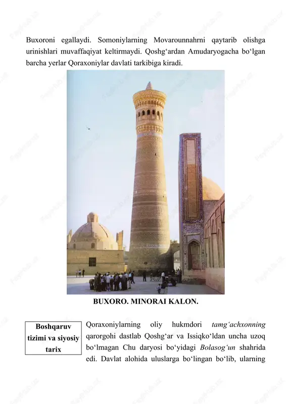 i bo‘yidagi bolasog‘un shahrida edi. davlat alohida uluslarga bo‘lingan bo‘lib, ularning boshliqlari eloqxon deb yuritilardi. samarqand movarounnahrning poytaxtiga aylanadi. qoraxoniylar movarounnahrning ilgarigi boshqaruv tizimini amalda to‘laligicha saqlab qoldilar. somoniylar devonlarining ko‘plab amaldorlari: vazirlar, hokimlar, raislar va muxtasiblar eloqxonlar xizmatiga o‘tadilar. somoniylar davlati o‘rnida ikkita yangi davlat - qoraxoniylar va g‘aznaviylar davlatli tashkil topadi. g‘aznaviylar davlatiga sabuktekinning o‘g‘li mahmud g‘aznaviy (998-1030-yillar) asos soladi. afg‘onistondagi g‘azna shahri mazkur mamlakatning poytaxti edi. qoraxoniylar g‘aznaviylarga qarshi ikki bor harbiy yurish qildilar. 1006-yili bo‘lgan dastlabki yurish muvaffiqiyatli yakunlanadi va qoraxoniylar qo‘shinlari raqibning ba’zi shaharlarini egallashga muvaffaq bo‘ladilar. 1008-yilda bo‘lgan ikkinchi yurish qoraxoniylarning mag‘lubiyati bilan tugaydi. mahmud g‘aznaviy ularning qo‘shinini tor-mor keltiradi. g‘aznaviylar qo‘shinida 500 ta jangovar fil ham bor edi. 1040-yilgi dandanakon (janubiy turkmaniston) yonida bo‘lgan jangda g‘aznaviylar saljuqiylar sulolasi qo‘shinlari tomonidan tor-mor qilinadi. saljuqiylar turkmaniston hududida o‘z davlatlariga asos soladilar. saljuqiylarning birinchi hukmdori to‘g‘rulbek bo‘ldi. ular eron, ozarbayjon va iroqni bosib oladilar. yangi davlat …