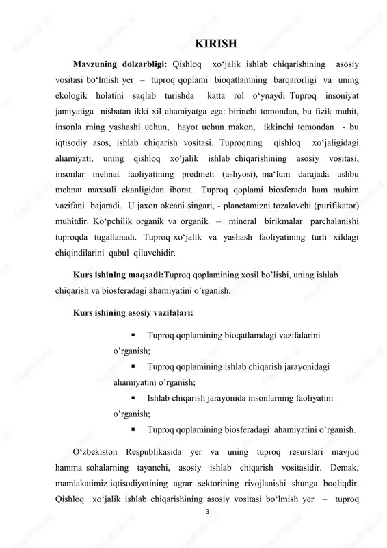 iqarishni yanada rivojlanishi yer resurslaridan samarali foydalanish, yangi yerlarni o‘zlashtirish borasida ko‘plab yangi vazifalarni qo‘ymoqda. tuproq qoplami biosferada yana bir eng muhim vazifani bajaradi. u jaxon okeani singari, - planetamizni tozalovchi (purifikator) muhitdir. ko‘pchilik organik va organik – mineral birikmalar parchalanishi tuproqda tugallanadi. tuproq xo‘jalik va yashash faoliyatining turli xildagi chiqindilarini qabul qiluvchidir. tuproqlarda hayot kechiruvchi organizmlarning juda zichligi tufayli barcha tirik organizmlar chiqindilarining parchalanishi sodir bo‘ladi. tuproqning tozalovchi qobiliyati ba‘zi shaharlarda kanalizasiyalar va sanoatlardan chiqqan suvlarni tozalashda foydalaniladi. sug‘oriladigan maxs us dalalar barpo etilib, ularga oqova suvlar to‘planadi va tuproqda biologik tozalanish samarali o‘tadi. qishloq xo‘jaligida asosiy ishlab chiqarish vositasi hisoblangan tuproq, qayta tiklanmaydigan tabiiy resurs hisoblanadi. tuproq insoniyat jamiyatig a nisbatan ikki xil ahamiyatga ega: birinchi tomondan, bu fizik muhit, insonla rning yashashi uchun, hayot uchun makon, ikkinchi tomondan - bu iqtisodiy asos, ishlab chiqarish vositasi. shuning uchun uni asrab-avaylab, har doim unumdorligini oshirishga g‘amxo‘rlik qilish kerak. asosiy …