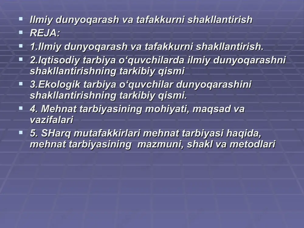 boyib borishi shaxsning ifodalaydi. o‘z navbatida dunyoqarashning boyib borishi shaxsning shaxsiy sifat va fazilatlarining tobora barqarorlashuvini ta’minlaydi. shaxsiy sifat va fazilatlarining tobora barqarorlashuvini ta’minlaydi. o‘z mazmunida ezgu g‘oyalarni ifoda etgan dunyoqarash shaxs o‘z mazmunida ezgu g‘oyalarni ifoda etgan dunyoqarash shaxs qiyofasida namoyon bo‘layotgan ijobiy fazilatlarning boyib borishiga qiyofasida namoyon bo‘layotgan ijobiy fazilatlarning boyib borishiga yordam beradi.yordam beradi.  dunyoqarash o‘z mohiyatiga ko‘ra, ilmiy (muayyan falsafiy tizimga dunyoqarash o‘z mohiyatiga ko‘ra, ilmiy (muayyan falsafiy tizimga ega) va oddiy (muayyan falsafiy tizimga ega bo‘lmagan) ega) va oddiy (muayyan falsafiy tizimga ega bo‘lmagan) dunyoqarash tarzida farqlanadi. dunyoqarash tarzida farqlanadi. ilmiy dunyoqarashilmiy dunyoqarash asosida uzluksiz, asosida uzluksiz, izchil ravishda mavjud fanlar asoslarini puhta o‘zlashtirib borish, izchil ravishda mavjud fanlar asoslarini puhta o‘zlashtirib borish, ijtimoiy munosabatlar jarayonida faol ishtirok etish natijasida ijtimoiy munosabatlar jarayonida faol ishtirok etish natijasida barqarorlik kasb etgan g‘oyalar yotadi.barqarorlik kasb etgan g‘oyalar yotadi.  bugungi kunda o‘zbekiston respublikasida yoshlarga aqliy tarbiyani …