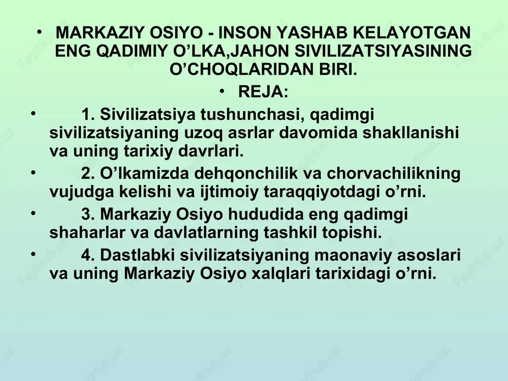 llik davrni o’z ichiga oladi; b) ilk paleolit. ashel davri - 700-100 ming yilni o’z ichiga oladi. markaziy osiyodagi ilk paleolit davri yodgorliklari miloddan 500-100 ming yil avvalgi davrlarga oid bo’lib, ashel davri deb ataladi, v) o’rta paleolit. bu davr mustpe davri madaniyati (miloddan avvalgi 100-40 ming yilliklar) deb yuritiladi; g) yuqori (so’ngi) paleolit - miloddan avvalgi 40-30-12 ming yilliklarni o’z ichiga oladi). 2) mezolit (o’rta tosh davri, “mezos” - “o’rta”, “litos”- “tosh”) - miloddan avvalgi 12-7 ming yilliklar. 3) neolit (yangi tosh davri - “neos”- “yangi”, “litos”- “tosh” ) - miloddan avvalgi 6-4 ming yiliklar. 4) eneolit (mis - tosh davri) - miloddan avvalgi 4-3 ming yilliklar. 5) bronza davri - miloddan avvalgi 3-2 ming yilliklar. 6) temir davri - miloddan avvalgi 1 ming yillikning boshlari. har bir yangi davr yangi tartibdagi madaniyatning rivoji markaziy osiyo hududida bir vaqtda ro’y bermagan yoki bir xil bo’lmagan. masalan, neolit davri - …