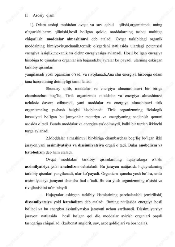 b turish uchun sarf bo’ladi. 3) modda va energiya almashinuvi organizmning kimyoviy tarkibi o’zgarmagan holda organ va to’qimalrninig uzluksiz yangilanib turishiga imkon beradi. moddalarning asosiy gruppalari oqsillar, yog’lar va uglevodklardir oqsillar organizmda asosan plastic material sifatida , uglevodlar va yog’lar esa sarflangan energiya o’rnini qoplash uchun ishlatiladi. turli oziq moddalarning organizmga kirgandan to keraksiz moddalar hosil bo’lguncha va tashqariga chiqarilguncha o’zgarish jarayoni metabolism deyiladi. oqsillar aminokislotalardan tuzilgan. ular molekulasi tarkibida 20 ta aminokislota bo’ladi. ularning 10 tasi almashtirib bo’maydigan-eng zarur aminokislotalardir. ular organizmda bahsqa moddaladan sintes qilimaydi. qolgan 10 tasi almashtirish mumkin bo’gan aminokislotalardir. shuni olohida qayd qilish kerakki, bolalar organizmining o’sishi va rivollanishi uchun ularning ovqat tarkibidagi oqsillarning 80-90 %i sifatli (go’sht, baliq, tuxum, sut) bo’lishi kerak. kattalar ovqati tarkibdagi oqsillarning 50 %i sifatli va 50 %i sifatsiz bo’lishi mumkin. katta odam kundalik ovqatining tarkibida 80-120g oqsil bo’lishi kerak. yoglar almashinuvi. yoglar ham oqsillarga o’xshash odam organizmida plastik va …