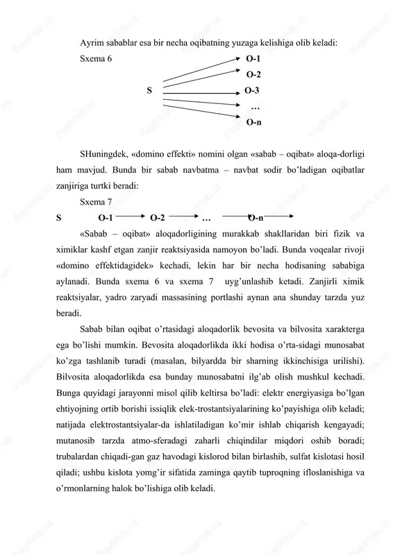shi mumkin. shart-sharo-it o’zgartirilsa, a– sabab b–oqibatga emas, s–oqibatga turtki beradi. oqi-batning yuz berishiga olib kelgan sabablar yig’indisi va shart-sharoit fal-safada sababiy asos deb ataladi. sababiy asos, shuningdek, bahona, turtki tushunchalarini ham qamrab oladi. sabab va oqibat o’rtasidagi murakkab aloqadorlik to’g’risidagi falsa-fiy o’ylar sababiyat printsipining shakllanishiga zamin hozirladi. ushbu printsipga muvofiq, har qanday oqibat ma‘lum sabab va shart-sharoitning intihosidir; olamda hech qanday hodisa besabab sodir bo’lmaydi. b) zaruriyat va tasodif sabab va oqibat o’rtasidagi aloqadorlikda qonuniyat borligini ta‘-kidlab o’tdik. binobarin, har qanday «sabab – oqibat» zanjiri ob‘ektiv zaruriyatdan iborat. shu yo’nalishdagi fikrlarimiz o’z-o’zidan determinatsiya aloqalarini ifodalovchi ikkinchi juftlik – «zaruriyat» va «tasodif» kate-goriyalari sari yetaklaydi. zaruriyat «sabab – oqibat» aloqalarida hal qiluvchi rol o’ynaydi. za-ruriyat – sistemalarning mohiyatiga taalluqli xususiyat, qonuniy ravishda yuz berishi lozim bo’lgan oqibat–hodisadir. tasodif esa narsalardagi aso-siy aloqalarga emas, ikkinchi darajali aloqalarga bog’liq bo’lgan, yuz beri-shi ham, yuz bermasligi ham mumkin bo’lgan hodisa, jarayondir. falsafiy determinizmda …
