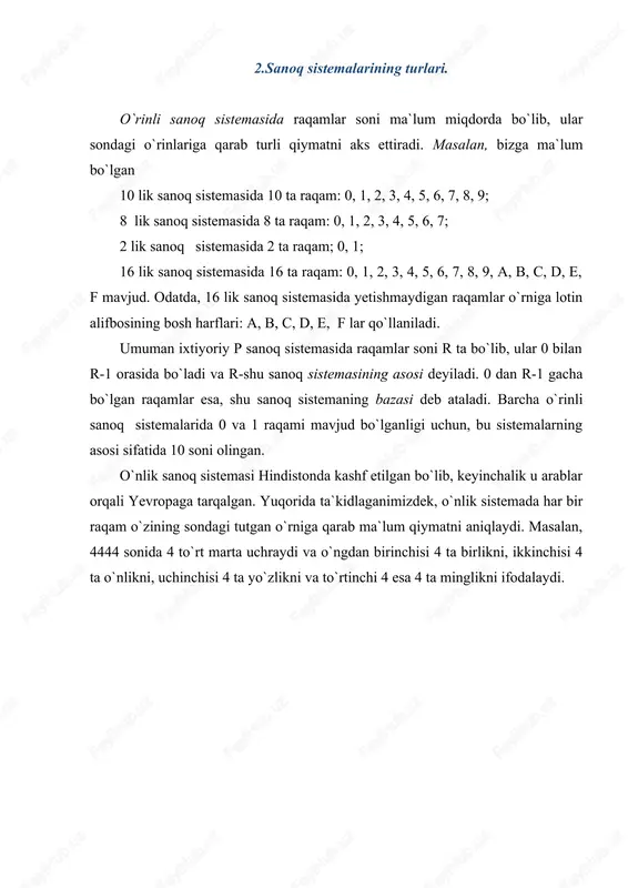ko`rsatadi, a1216 yozuvi a12 sonining 16 lik sanoq sistemasidaligini bildiradi. 6128 sonini 2 lik sanoq sistemasiga o`tkazish uchun har bir raqamni mos 3 lik (triada) bilan almashtiramiz: 6128 - 110 001 0102 , xuddi shuningdek, 1258 – 001 010 1012 yoki 1 010 1012; -7028 - - 111 000 0102; bundan tashqari, biror sanoq sistemada berilgan sonni ikkinchi sanoq sistemaga o`tkazish uchun berilgan sonni o`tkazilishi kerak bo`lgan sanoq sistemaning asosiga bo`lib masalani hal qilish ham mumkin. masalan, 610 ni ikkilik sanoq sistemaga o`tkazmoqchi bo`lsak, quyidagi algoritmlarni bajarishimiz kerak: 1. 6 ni 2 ga bo`lamiz: 6_2=3 (qoldiq 0) birinchi qoldiqni q1(0) deb belgilab olamiz. 2. bo`linma 3 ni 2 ga bo`lamiz: 3_2 (qoldiq 1), ikkinchi qoldiqni q2(1) 3. bo`linmadagi 1 ni 2 ga bulamiz: 1_2 (qoldiq 1), uchinchu qoldiqni q3(1) bu jarayon bo`linma 0 ga teng bo`lguncha davom ettiriladi. natijada hosil bo`ladigan son 6 =q3 q2 q1 ko`rinishda bo`ladi, ya`ni 10 …