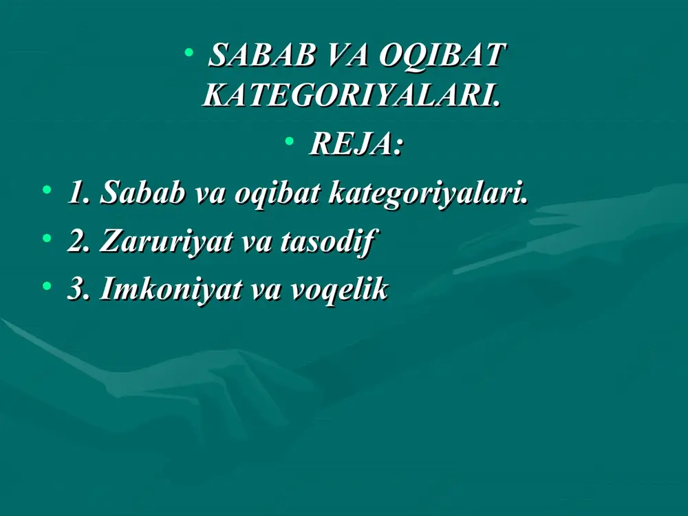 bab – oqibat» aloqa-dorligi ham mavjud. bunda bir sabab ham mavjud. bunda bir sabab navbatma – navbat sodir bo’ladigan navbatma – navbat sodir bo’ladigan oqibatlar zanjiriga turtki beradi:oqibatlar zanjiriga turtki beradi: • sxema 7sxema 7 • s o-1 o-2 … o-ns o-1 o-2 … o-n • «sabab – oqibat» aloqadorligining murakkab shakllaridan biri «sabab – oqibat» aloqadorligining murakkab shakllaridan biri fizik va ximiklar kashf etgan zanjir reaktsiyasida namoyon fizik va ximiklar kashf etgan zanjir reaktsiyasida namoyon bo’ladi. bunda voqealar rivoji «domino effektidagidek» bo’ladi. bunda voqealar rivoji «domino effektidagidek» kechadi, lekin har bir necha hodisaning sababiga aylanadi. kechadi, lekin har bir necha hodisaning sababiga aylanadi. bunda sxema 6 va sxema 7 uyg’unlashib ketadi. zanjirli ximik bunda sxema 6 va sxema 7 uyg’unlashib ketadi. zanjirli ximik reaktsiyalar, yadro zaryadi massasining portlashi aynan ana reaktsiyalar, yadro zaryadi massasining portlashi aynan ana shunday tarzda yuz beradi.shunday tarzda yuz beradi. • sabab bilan oqibat o’rtasidagi …