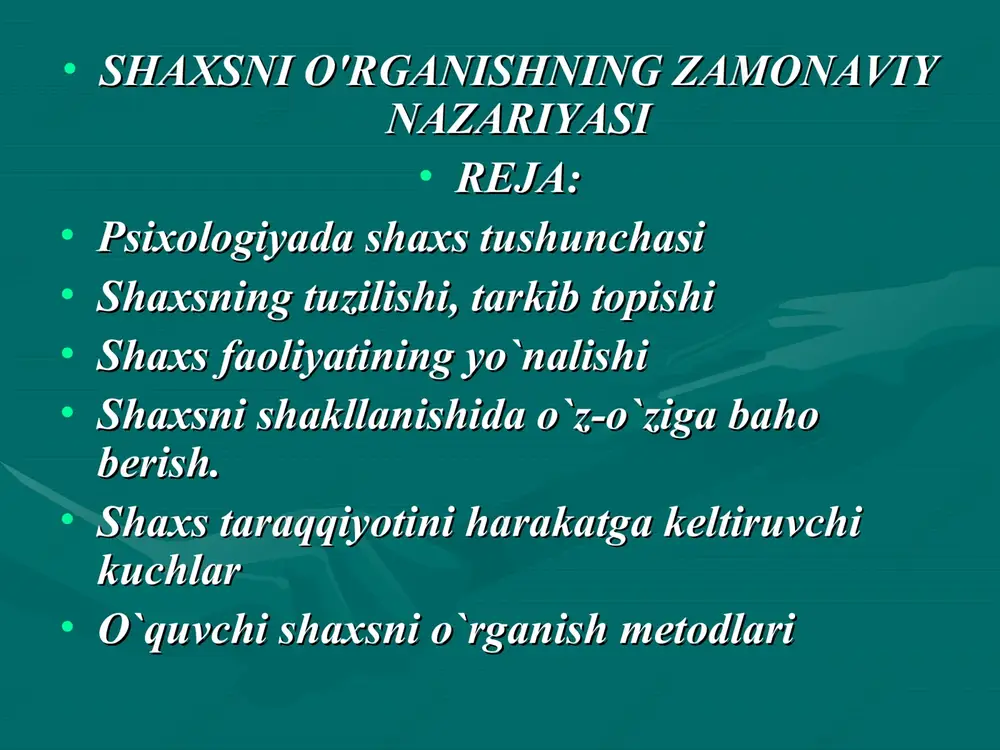 us psixologlari b.g.ananaev, a.n.leont’ev, b.f.lomov, s.ya.rubinshteyn kabilar o`z b.g.ananaev, a.n.leont’ev, b.f.lomov, s.ya.rubinshteyn kabilar o`z tadqiqotlarida alohida to`xtalganlar. a.n.leont’ev shaxsan individ tomonidan tadqiqotlarida alohida to`xtalganlar. a.n.leont’ev shaxsan individ tomonidan egallab olingan alohida fazilat, inson munosabatlari to`lqinidagi sistemali egallab olingan alohida fazilat, inson munosabatlari to`lqinidagi sistemali “g`ayrihissiy” fazilatlar egasi ekanligini ta’kidlagan. shaxs sifatida kamolga “g`ayrihissiy” fazilatlar egasi ekanligini ta’kidlagan. shaxs sifatida kamolga erishmagan individ bo`ladi. bunga hayvonlar orasida tarbiyalangan erishmagan individ bo`ladi. bunga hayvonlar orasida tarbiyalangan bolalarni misol kilishimiz mumkin. ammo individni shaxsga aylanishida bolalarni misol kilishimiz mumkin. ammo individni shaxsga aylanishida qanday omillar mavjud. rus psixologi s.l.rubinshteyn: odam o`zidagi qanday omillar mavjud. rus psixologi s.l.rubinshteyn: odam o`zidagi takrorlanmas xususiyatlariga ko`ra individualdir. uni o`z atrofidagilariga, takrorlanmas xususiyatlariga ko`ra individualdir. uni o`z atrofidagilariga, borliqqa bo`lgan ongli munosabati, biror faoliyat bilan shug`illanishi uning borliqqa bo`lgan ongli munosabati, biror faoliyat bilan shug`illanishi uning shaxs ekanligidan dalolat beradi. shaxs ekanligidan dalolat beradi. • individ bo`lib tug`ilgan …