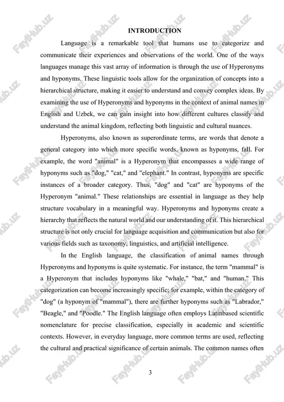 categorize animals in broadly similar ways, the specific terms and the frequency of use can vary significantly. these differences often reflect the distinct historical, environmental, and cultural experiences of the speakers. for example, in english, the term "pet" is a common hyperonym that includes animals typically kept for companionship, such as "dog," "cat," and "hamster." in uzbek, the equivalent term might be "uy hayvoni" (house animal), but the types of animals considered as pets can differ, reflecting cultural practices. horses, for instance, hold a more prominent place in uzbek culture than in many english-speaking cultures, influencing the hyponyms and their cultural significance. the main aim of this coursework is to conduct a comparative linguistic analysis of hyperonyms and hyponyms within the lexical field of animal names in both the english and uzbek languages. the novelty of the coursework lies in its comparative analysis of hyperonyms and hyponyms in animal names …