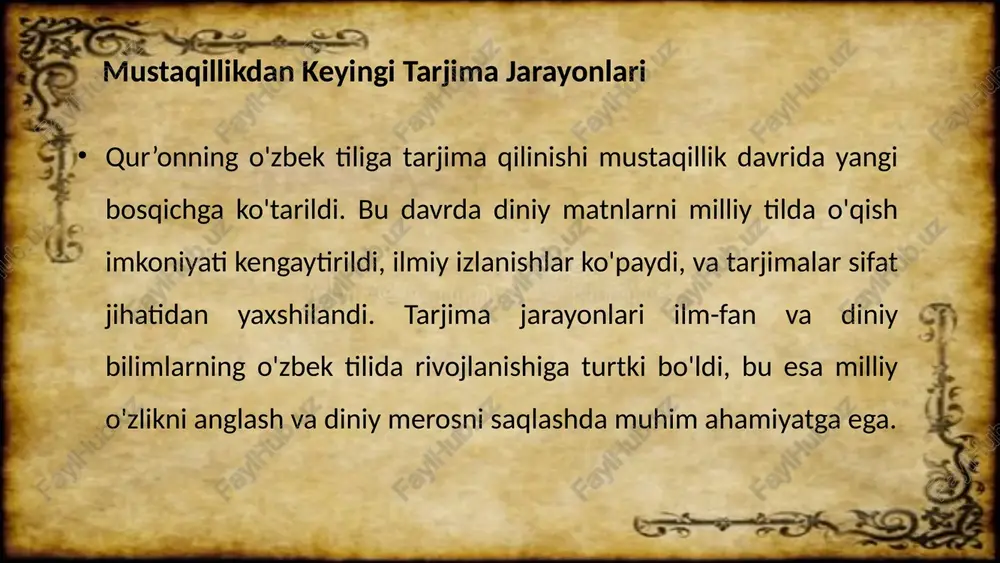 lar zamonaviy o’zbek tilida bo’lib, yoshlar va kattalar uchun tushunish oson bo’ldi. tafsirlar esa oyatlarning chuqur ma’nolarini ochib berib, ularning kundalik hayotda qo’llanishini yoritadi. shu tariqa, diniy bilimlar milliy o’zlikni mustahkamlashda muhim rol o’ynaydi. qur’onning o‘zbek tiliga tarjimasi va tafsirlari tarjima jarayoni mustaqillik yillarida qur’onning o‘zbek tiliga tarjima qilinishi jarayoni keng ko‘lamda amalga oshirildi. bu davrda qur’onning asosiy ma’nolarini o‘zbek tiliga aniq va tushunarli tarzda yetkazish maqsadida ko‘plab olimlar va tarjimonlar tomonidan ish olib borildi. ushbu tarjimalar o‘zbek xalqi uchun qur’on mazmunini chuqurroq tushunish imkoniyatini yaratdi va diniy bilimlarni boyitishga xizmat qildi. tafsir ijodi qur’onning tafsirlari mustaqillik yillarida yangi qirralarni ochib berdi. tafsirchilar qur’on oyatlarining chuqur ma’nolarini izohlab, ularni zamonaviy hayotga moslashtirishga harakat qilishdi. bu ishlar musulmon jamiyatida diniy bilimlarni kengaytirish, islomiy qadriyatlarni mustahkamlash va qur’onning kundalik hayotdagi ahamiyatini oshirishga xizmat qildi. o‘zbek tilida qur’on tadqiqotlari mustaqillik davrida qur’onning o‘zbek tilida tadqiq etilishi davom etdi. ushbu tadqiqotlar qur’on oyatlarining til …