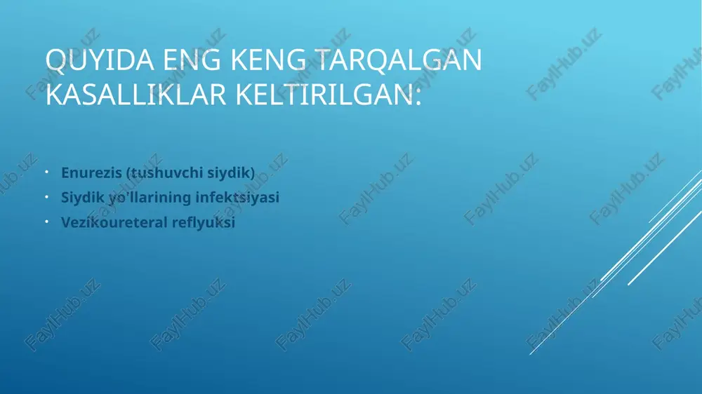 siydikda qon paydo bo‘lishiga olib kelishi mumkin. pielonefrit: bu buyraklarning infektsiyasidir. pielonefrit issiqlik, titroq va qusish kabi simptomlarni keltirib chiqarishi mumkin. bu jiddiy infektsiya bo‘lib, og‘ir sog‘liq muammolariga olib kelishi mumkin. uretrit: bu siydik chiqarish kanalining infektsiyasidir. uretrit siydik chiqarish jarayonida og‘riqni keltirib chiqarishi va siydikdagi sirg‘alar bilan bog‘liq bo‘lishi mumkin. bolalarda vezikoureteral reflyuks vesikoureteral reflyuks (vur) - siydik tizimining tibbiy buzilishi. siydik chiqarish tizimi buyraklar, siydik pufagi, siydik pufagi va siydik yo'llaridan iborat bo'lib, ular birgalikda siydik orqali organizmdan chiqindilarni chiqaradi. siydikni buyraklardan siydik pufagigacha olib borish uchun siydik yo'llari deb ataladigan ingichka naychalar. siydik siydik chiqarish paytida siydik yo'llari deb ataladigan boshqa naycha orqali tanadan chiqmasdan oldin siydik pufagida saqlanadi. oddiy holatda siydik oqimi bir yo'nalishli, buyrakdan siydik yo'liga, siydik yo'llari orqali. biroq, vurda bu oqimning yo'nalishi teskari bo'ladi va siydik siydik yo'llaridan siydik yo'llariga va buyraklarga qaytib keladi. vesikoureteral reflyuks ko'pincha chaqaloqlarda va 2 yoshgacha bo'lgan bolalarda …